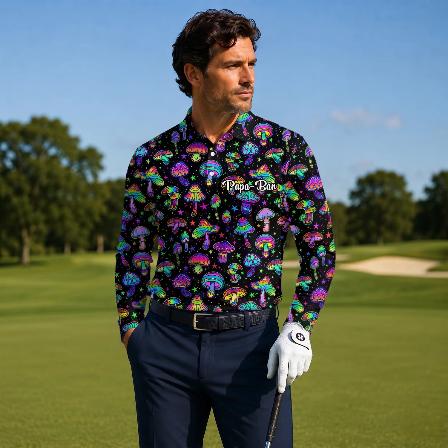 Personalised Black Neon Mushroom Psychedelic Golf Polo Shirt For Men L0182