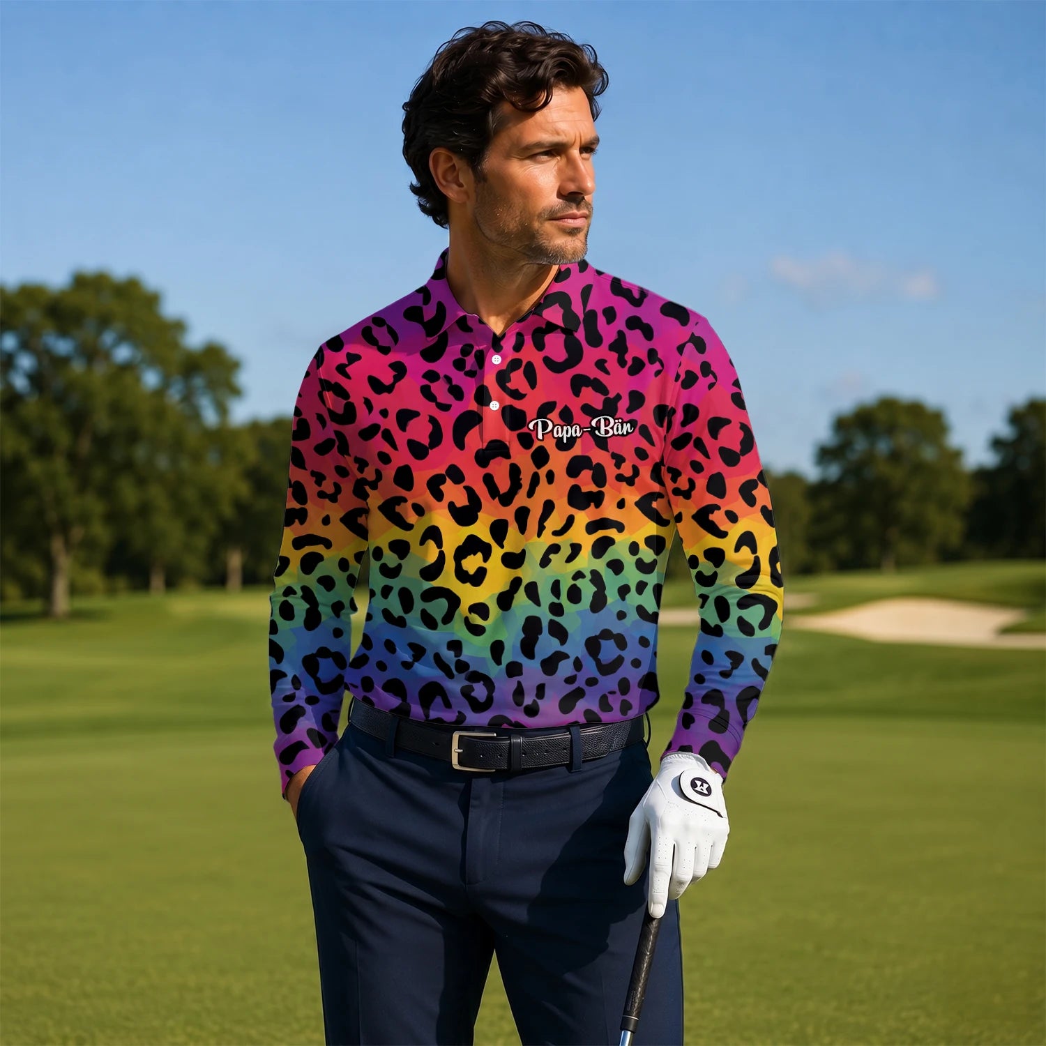 Personalised Rainbow Leopard Print Golf Polo Shirt For Men X1632