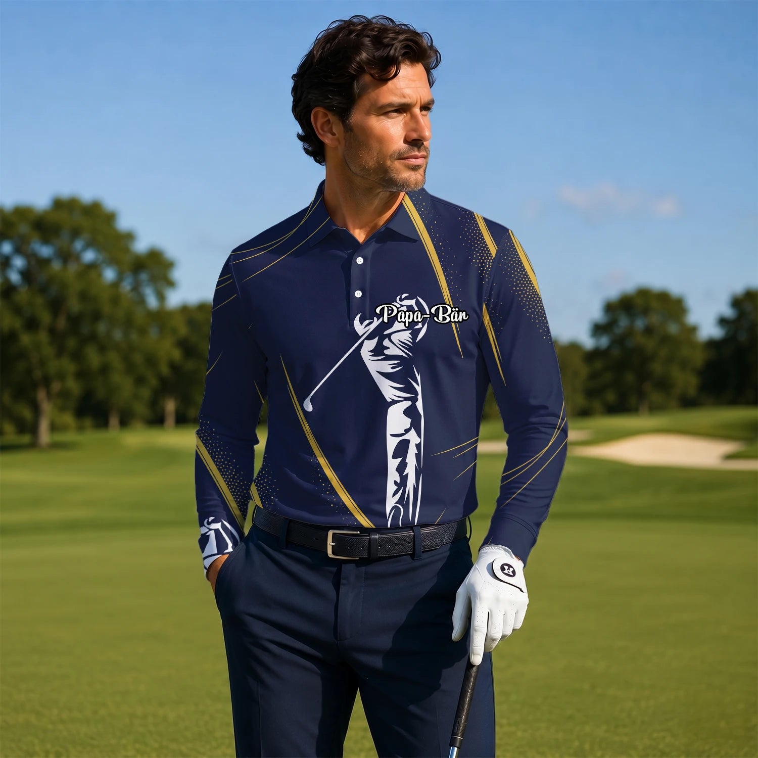 Personalised Navy Gold Golfer Swing Silhouette Golf Polo Shirt For Men A1639
