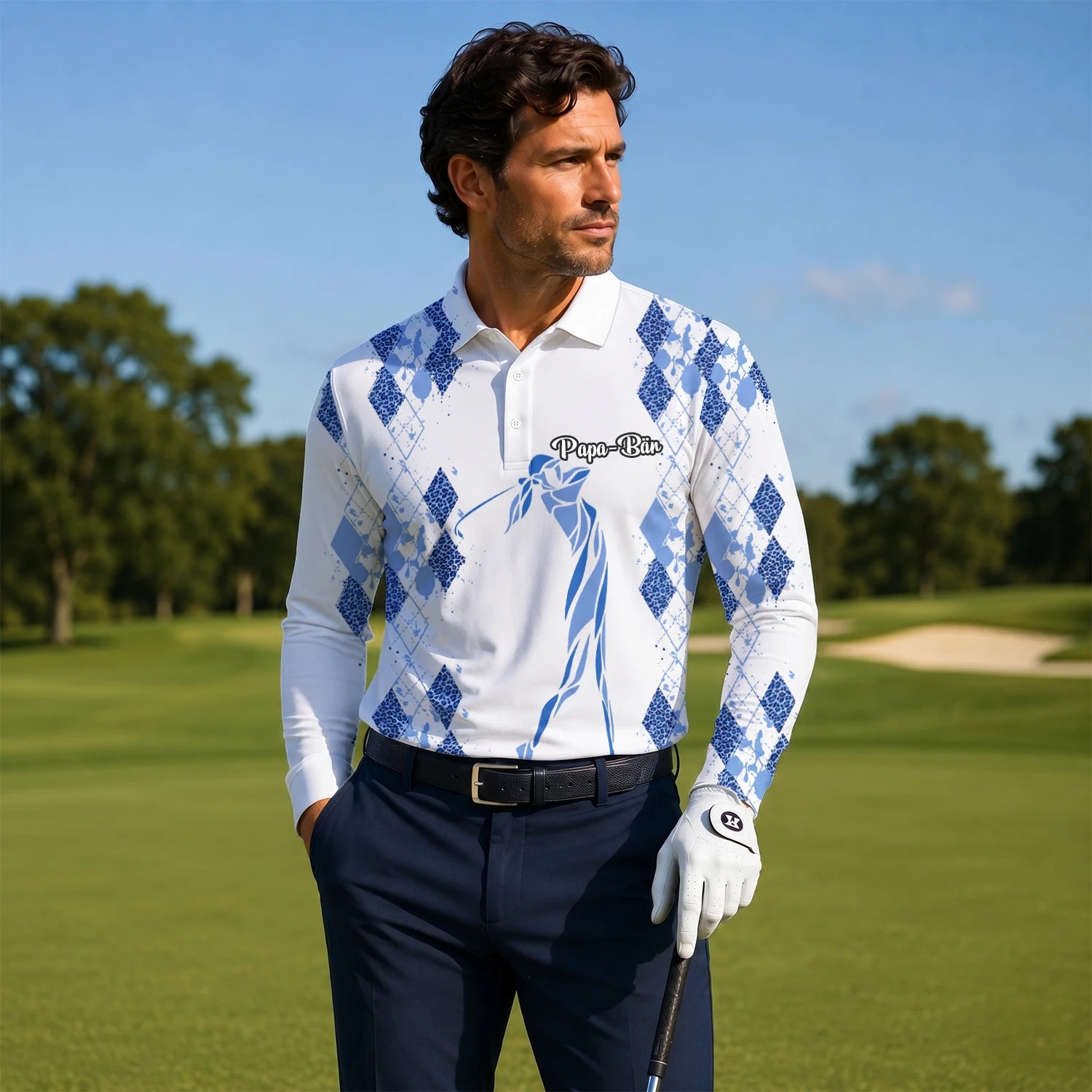 Personalised White Blue Argyle Golfer Silhouette Golf Polo Shirt For Men M6672