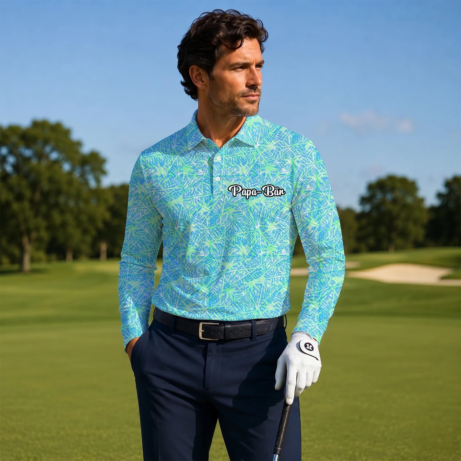 Personalised Turquoise Lime Tropical Leaf Golf Polo Shirt For Men U1015