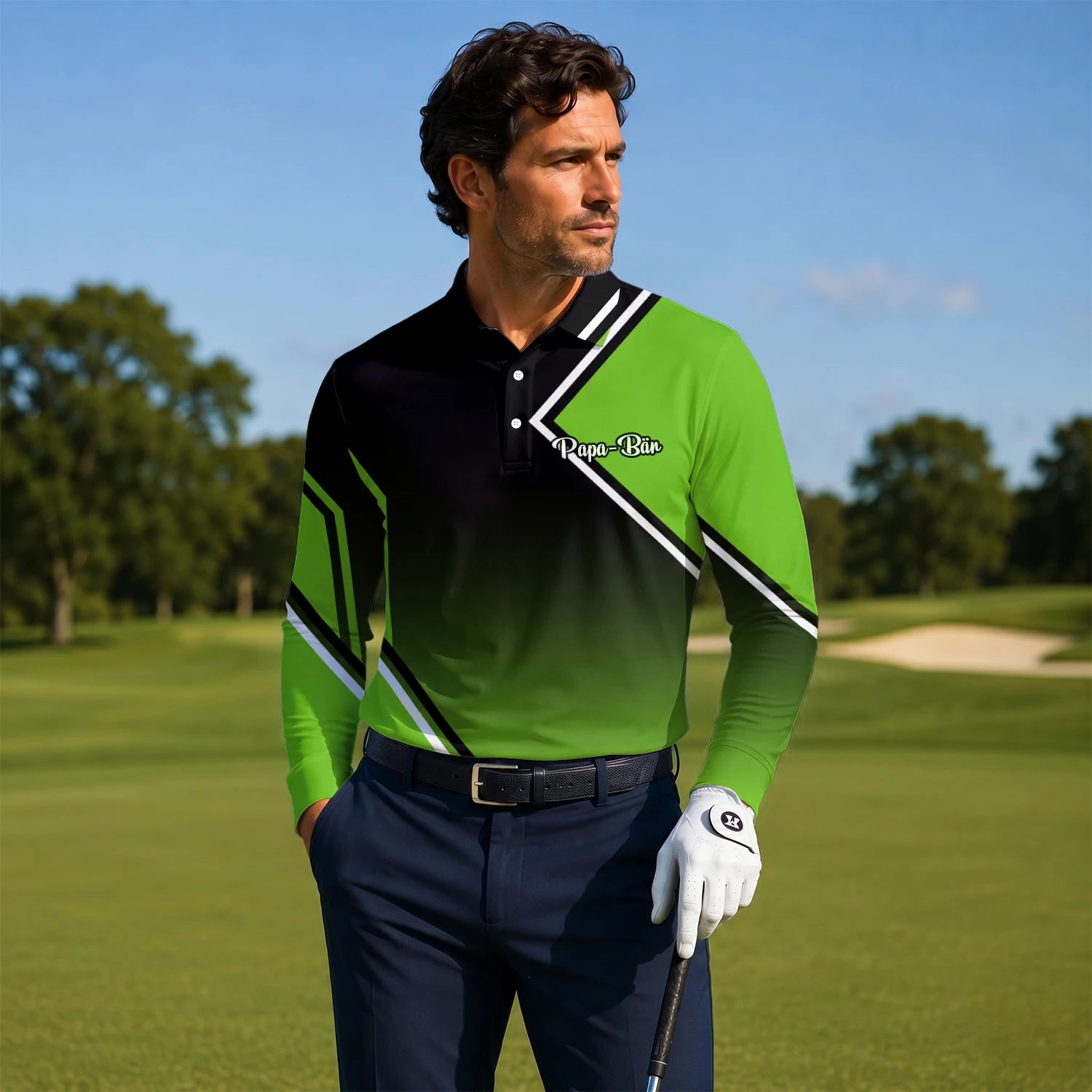 Personalised Black Green Geometric Stripe Golf Polo Shirt For Men V2638