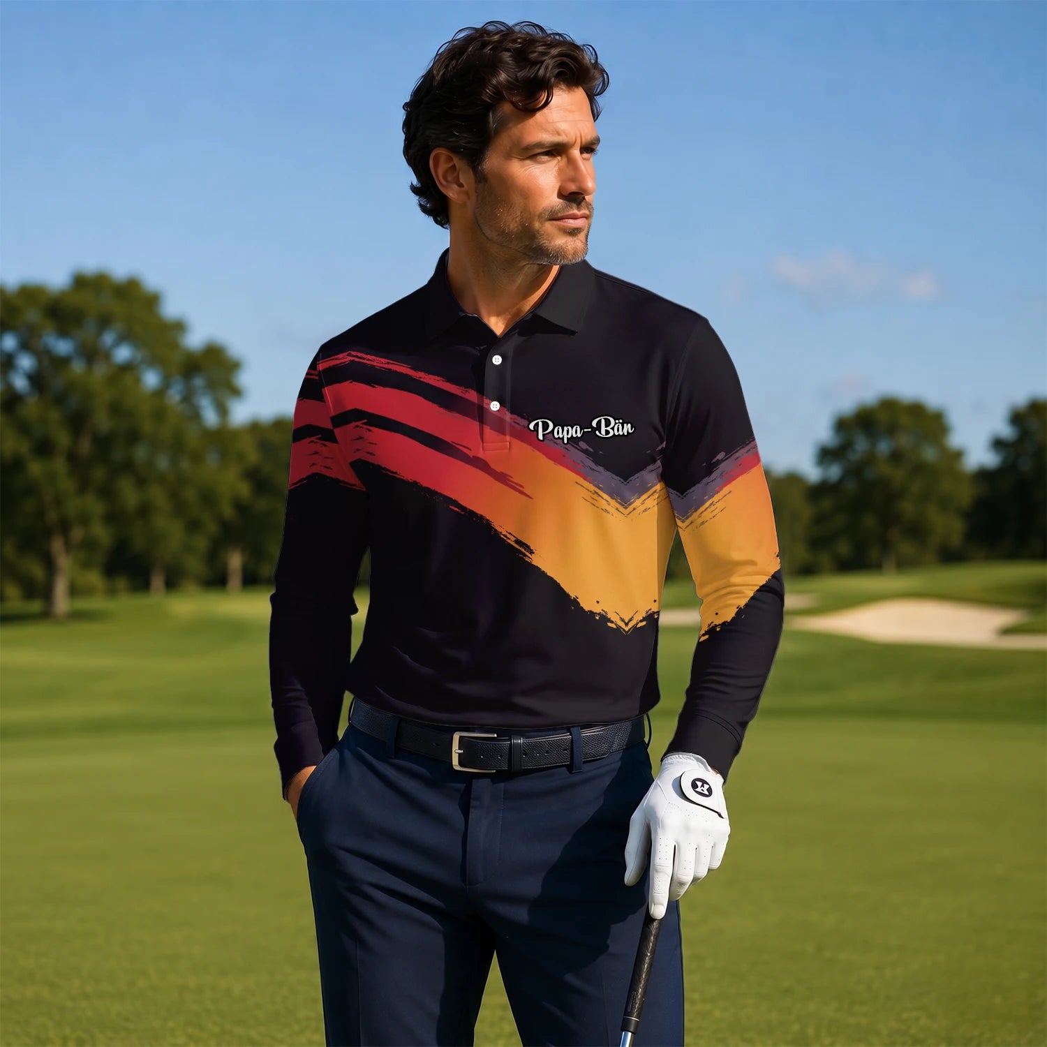 Personalised Black Red Orange Brush Stroke Golf Polo Shirt For Men M6093