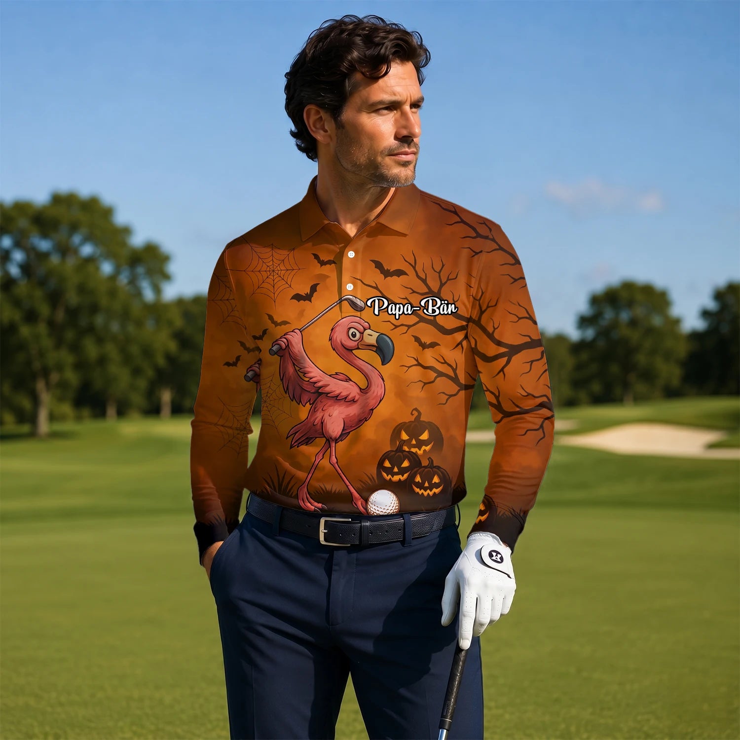 Personalised Orange Halloween Flamingo Golfer Pumpkin Golf Polo Shirt For Men V7072