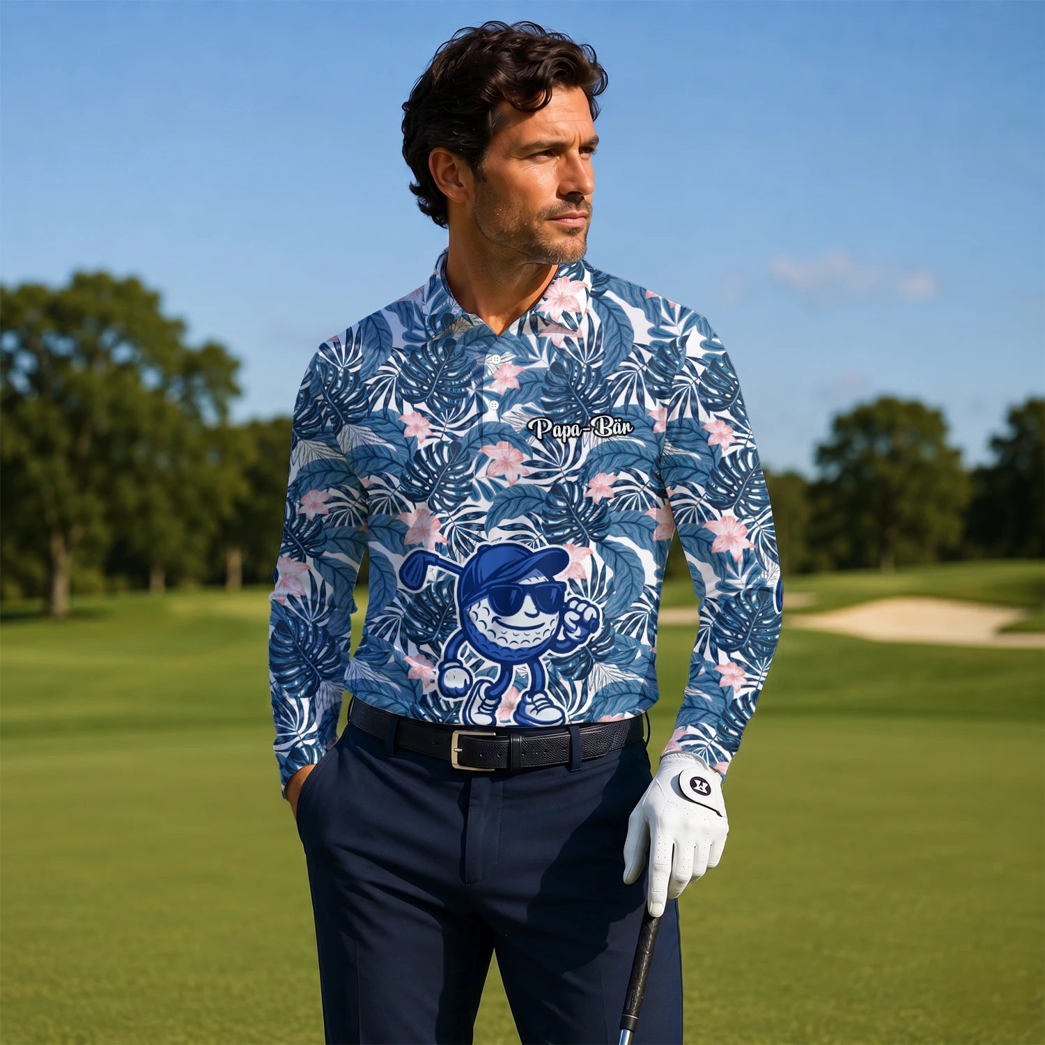Personalised Navy Tropical Leaf Golf Ball Cartoon Golf Polo Shirt For Men I7191