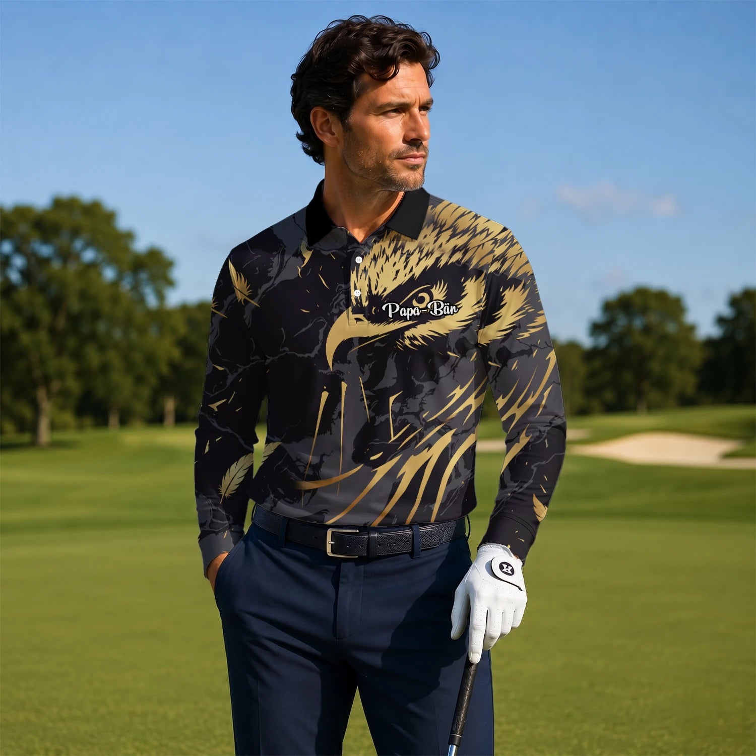 Personalised Black Gold Eagle Feather Golf Polo Shirt For Men F0802