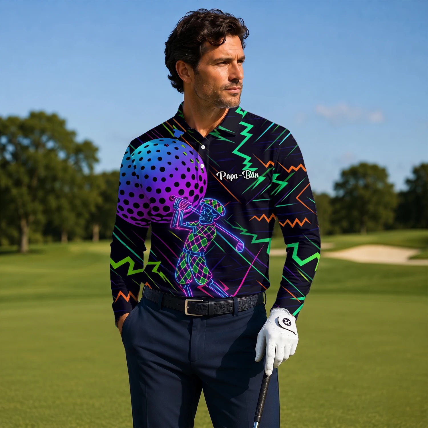 Personalised Black Neon Golfer Wireframe Golf Polo Shirt For Men L1481