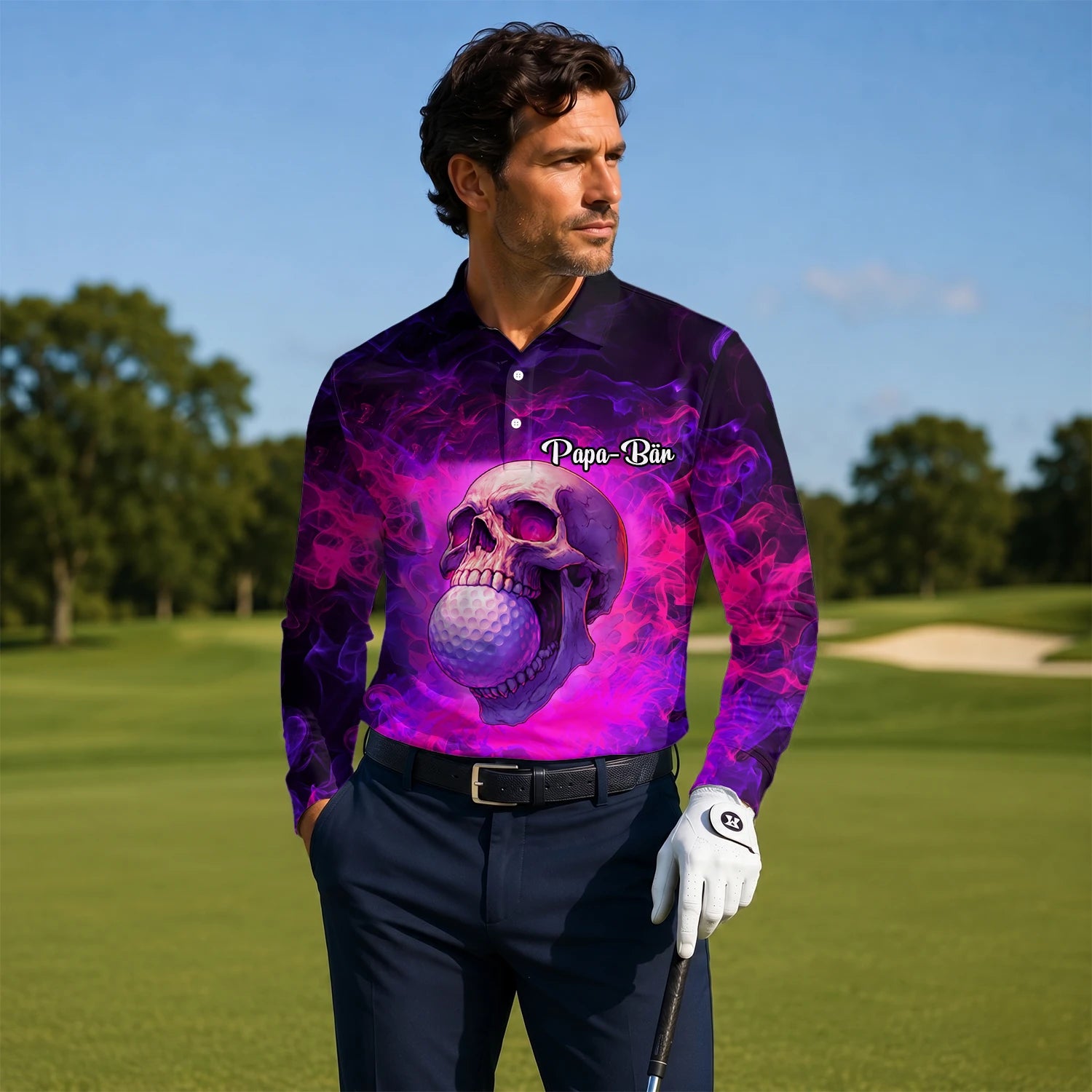Personalised Purple Pink Skull Golf Ball Smoke Golf Polo Shirt For Men L7637
