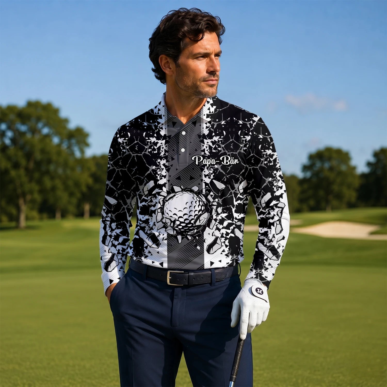 Personalised Black White Golf Ball Shattered Glass Golf Polo Shirt For Men F6407