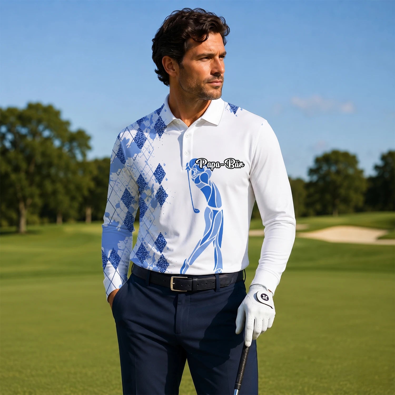 Personalised White Blue Argyle Golfer Silhouette Golf Polo Shirt For Men V2037