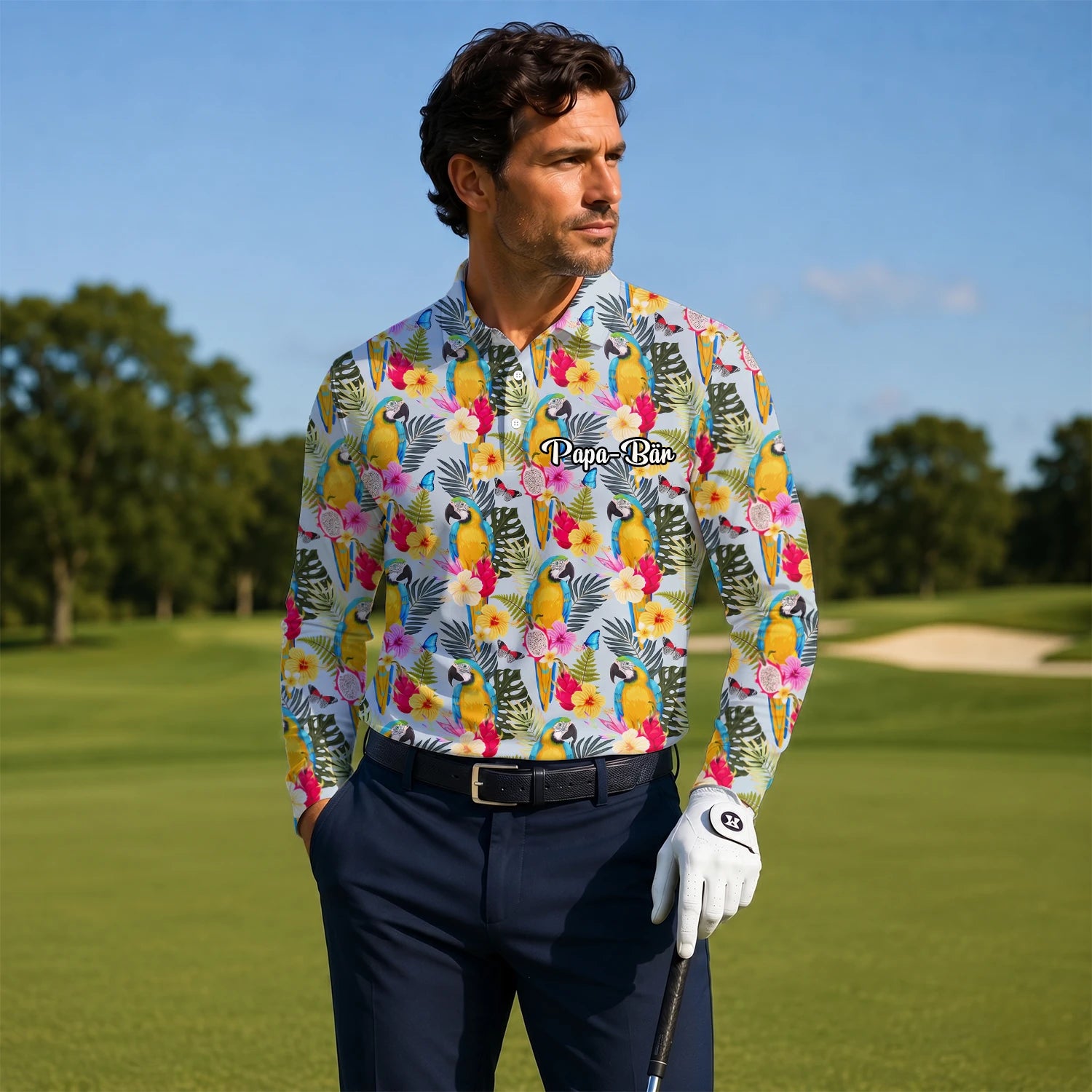 Personalised Cream Yellow Tropical Parrot Hibiscus Golf Polo Shirt For Men V2558