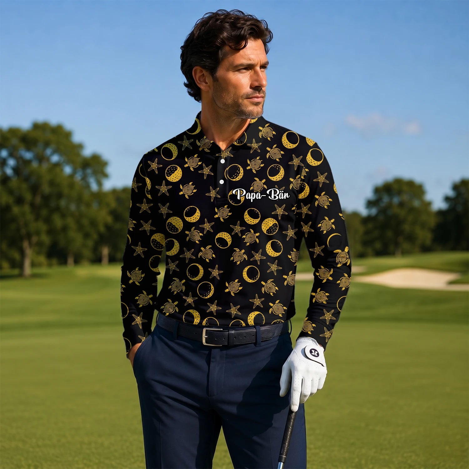 Personalised Black Gold Sea Turtle Moon Star Golf Polo Shirt For Men V4483