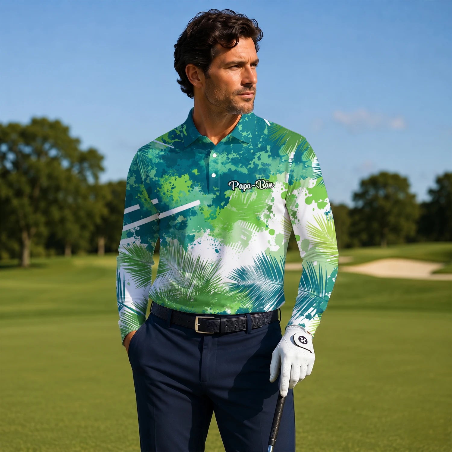 Personalised Green Blue Tropical Leaf Paint Splash Golf Polo Shirt For Men B7869