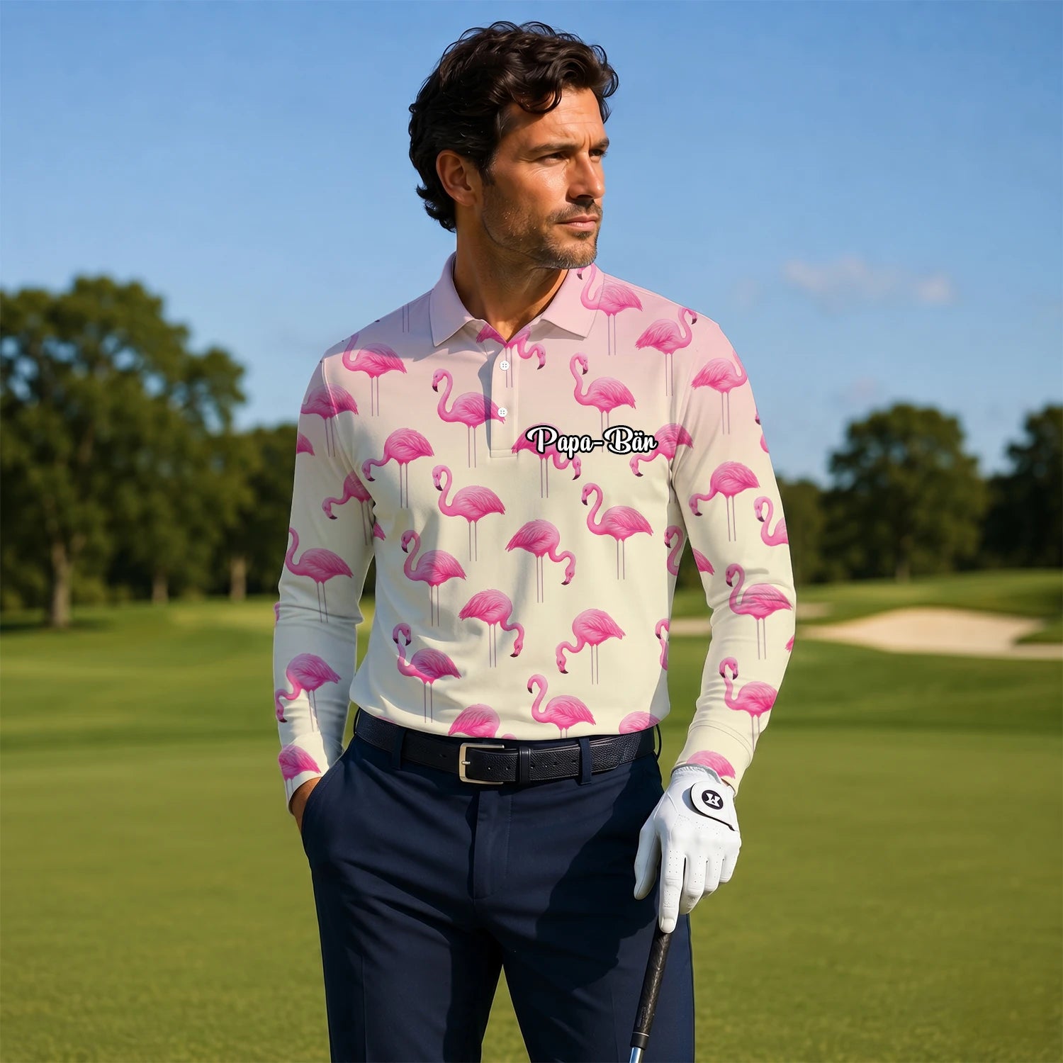 Personalised Cream Pink Flamingo Golf Polo Shirt For Men P5242