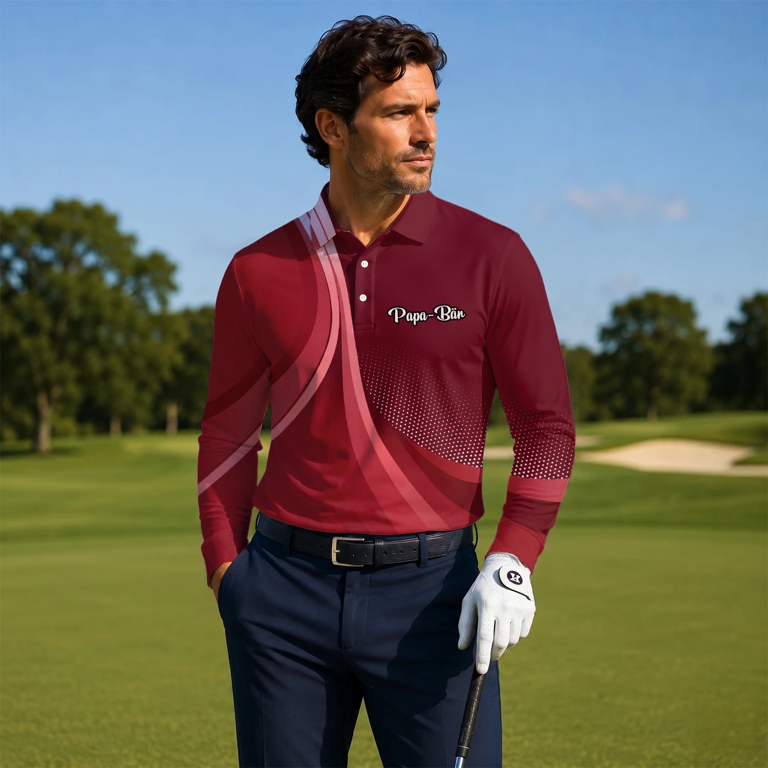Personalised Burgundy Red Abstract Wave Golf Polo Shirt For Men B4612