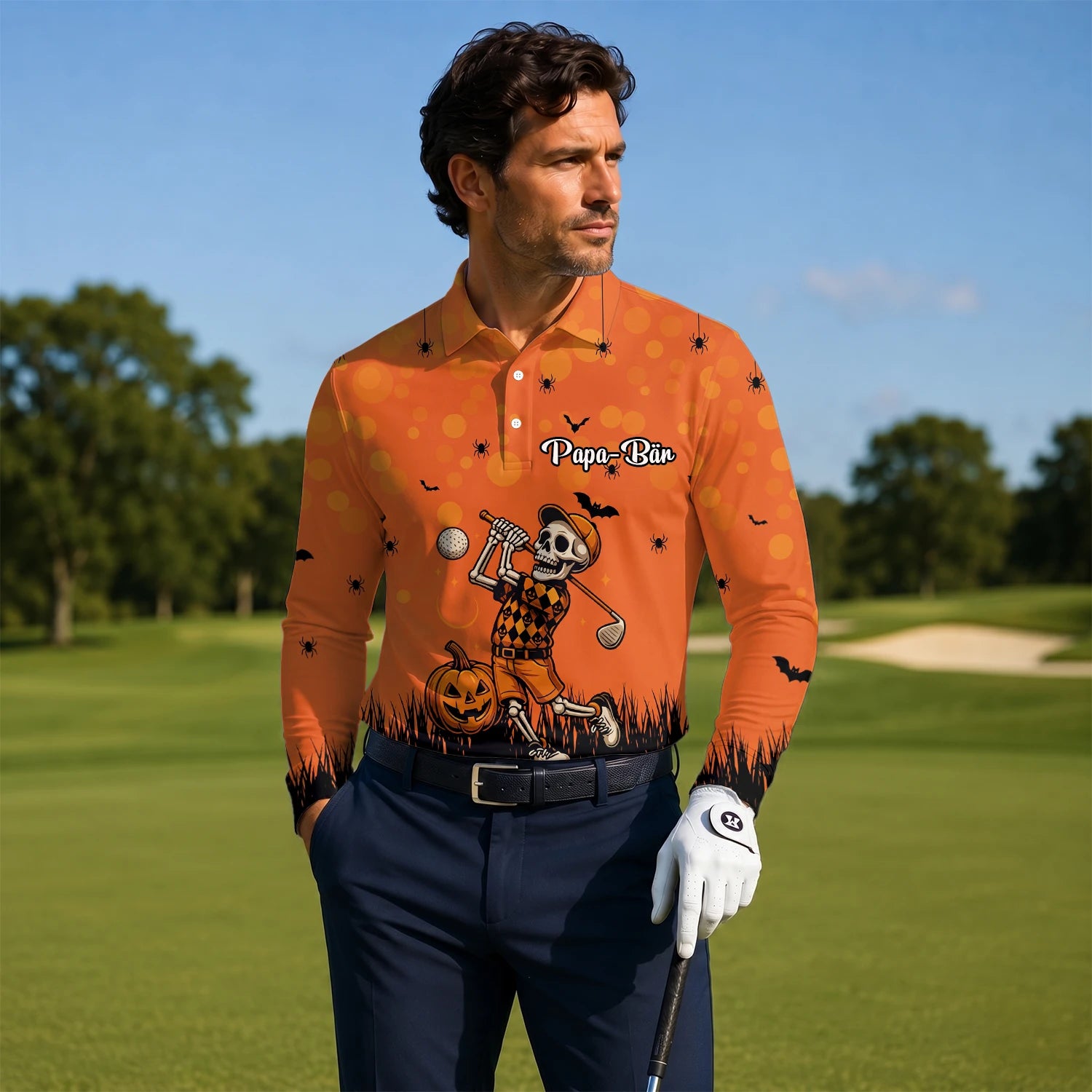 Personalised Orange Halloween Skeleton Golfer Golf Polo Shirt For Men D3851
