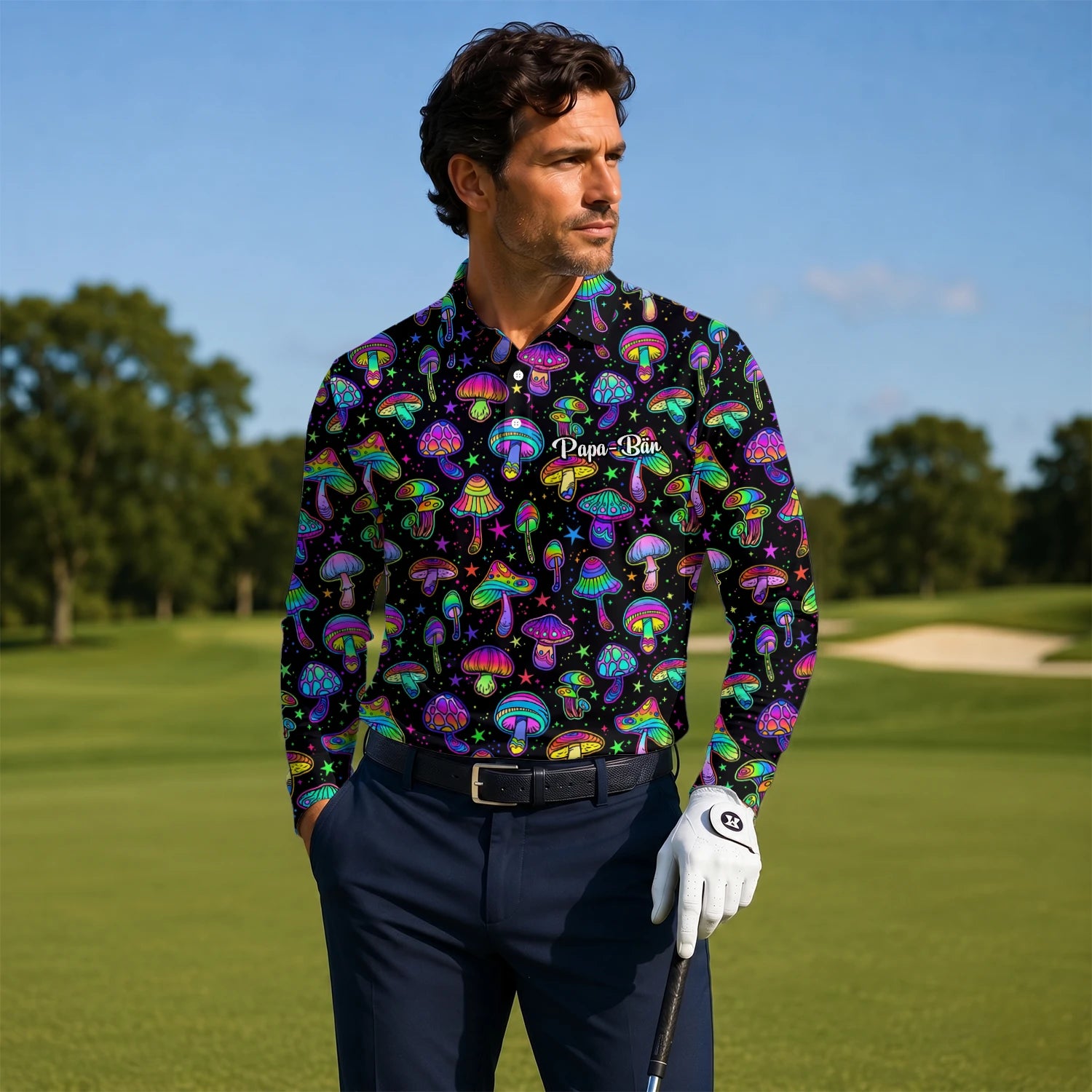 Personalised Black Neon Mushroom Psychedelic Golf Polo Shirt For Men L0182
