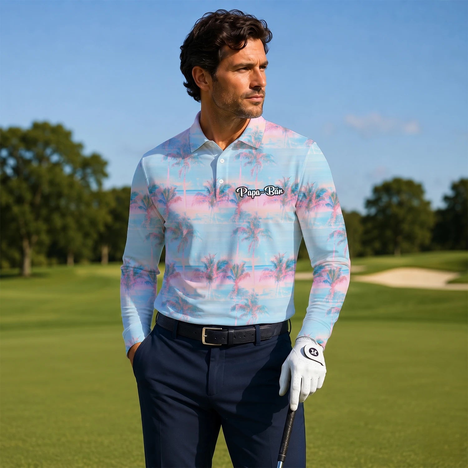Personalised Pastel Blue Pink Palm Sunset Golf Polo Shirt For Men G4431