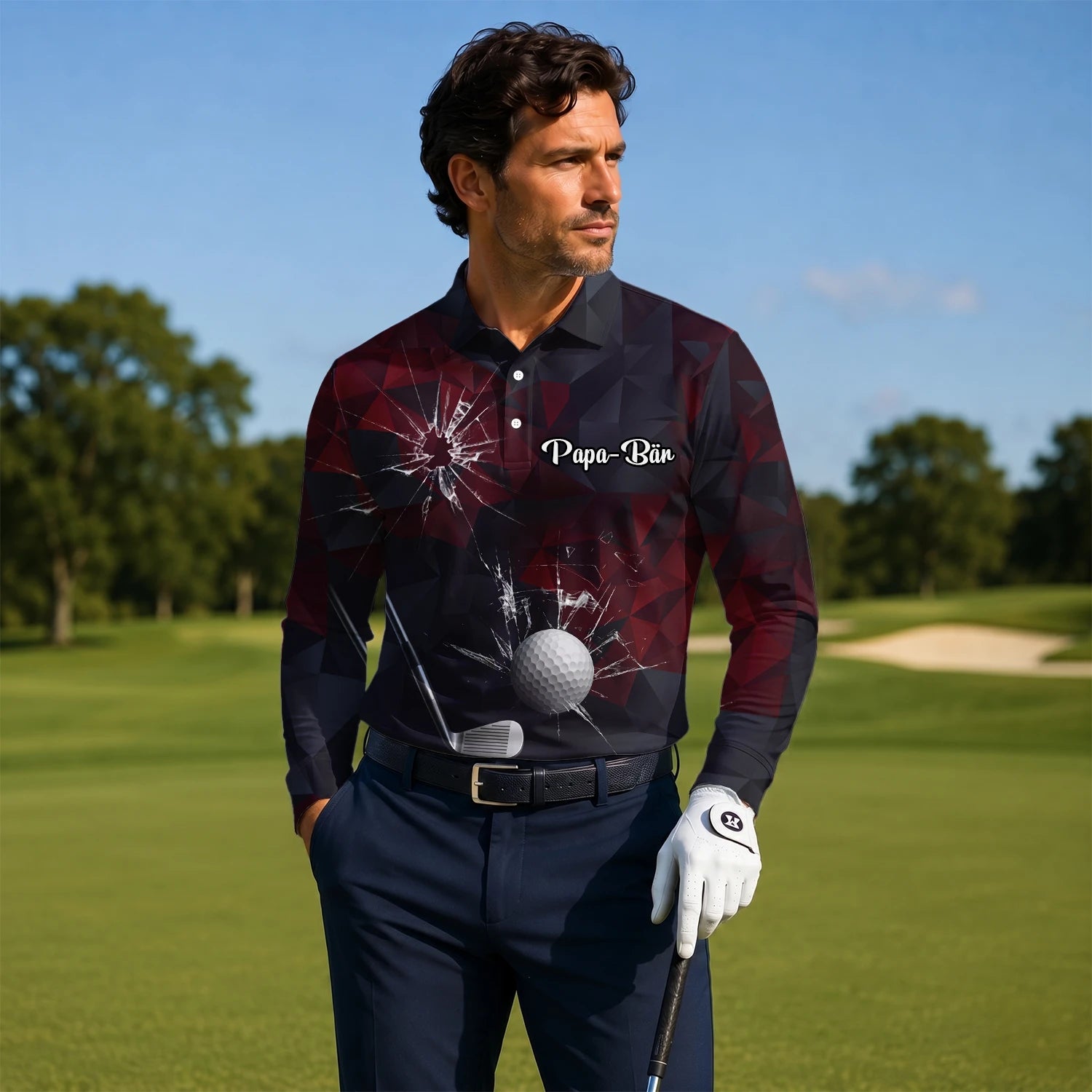 Personalised Black Burgundy Shattered Glass Golf Ball Golf Polo Shirt For Men R4354