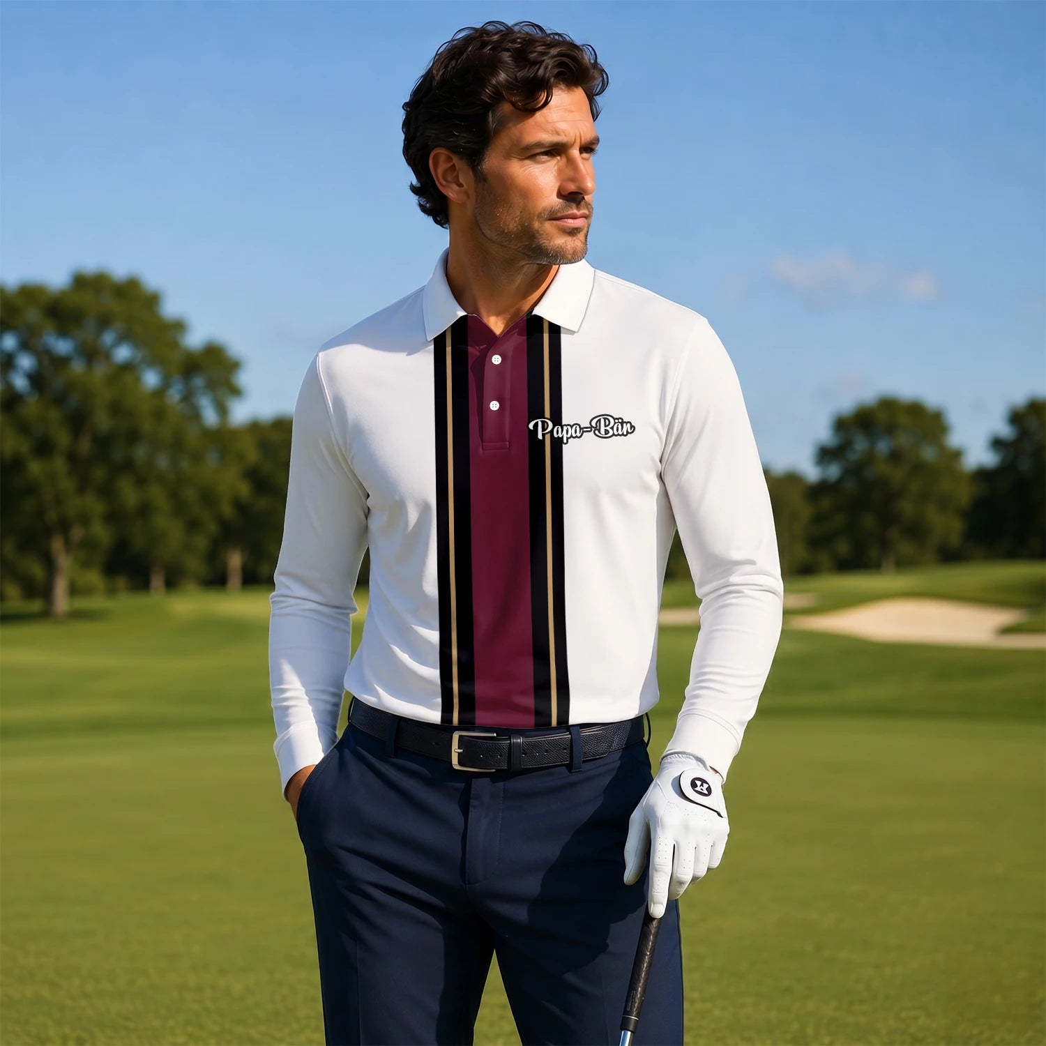 Personalised White Burgundy Black Racing Stripe Golf Polo Shirt For Men G7028