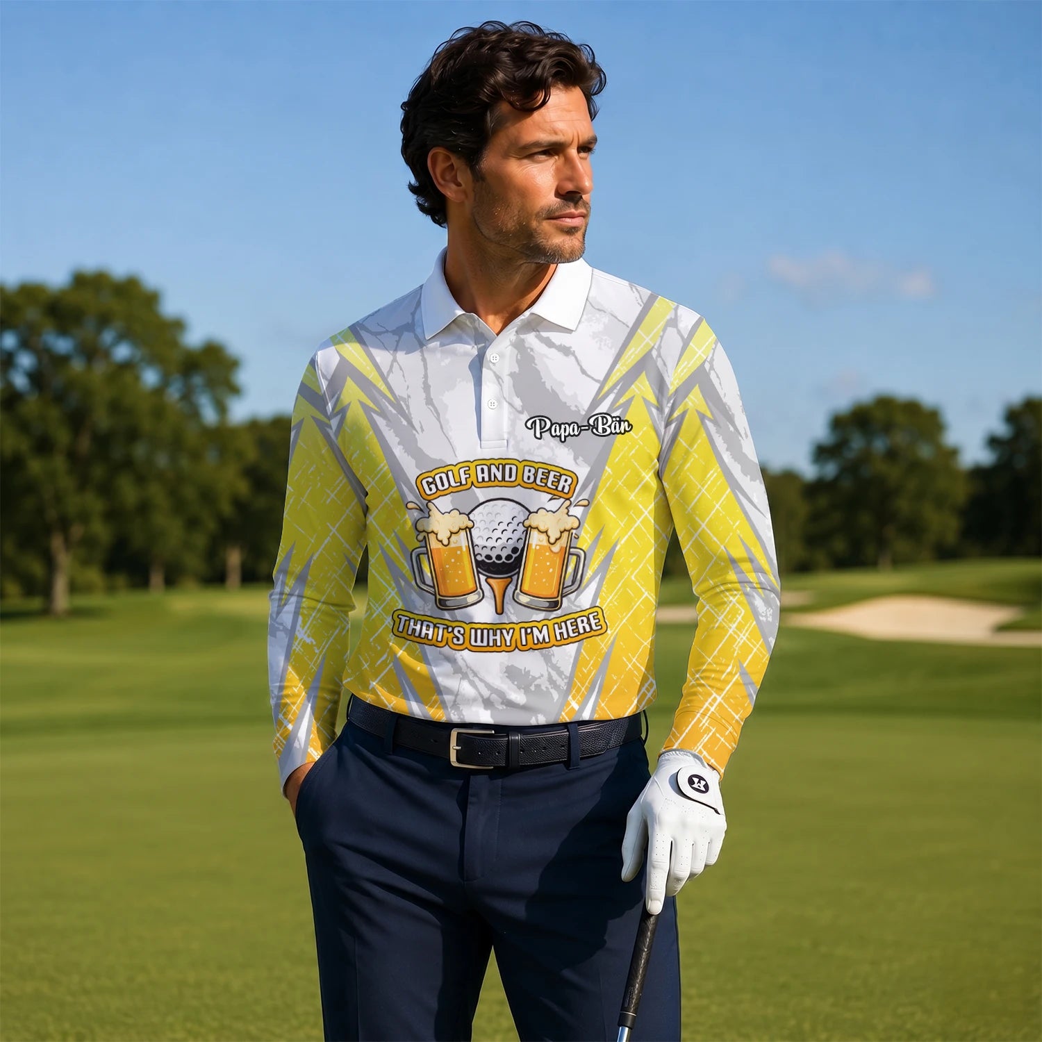 Personalised Grey Yellow Golf And Beer Slogan Golf Polo Shirt For Men P2319