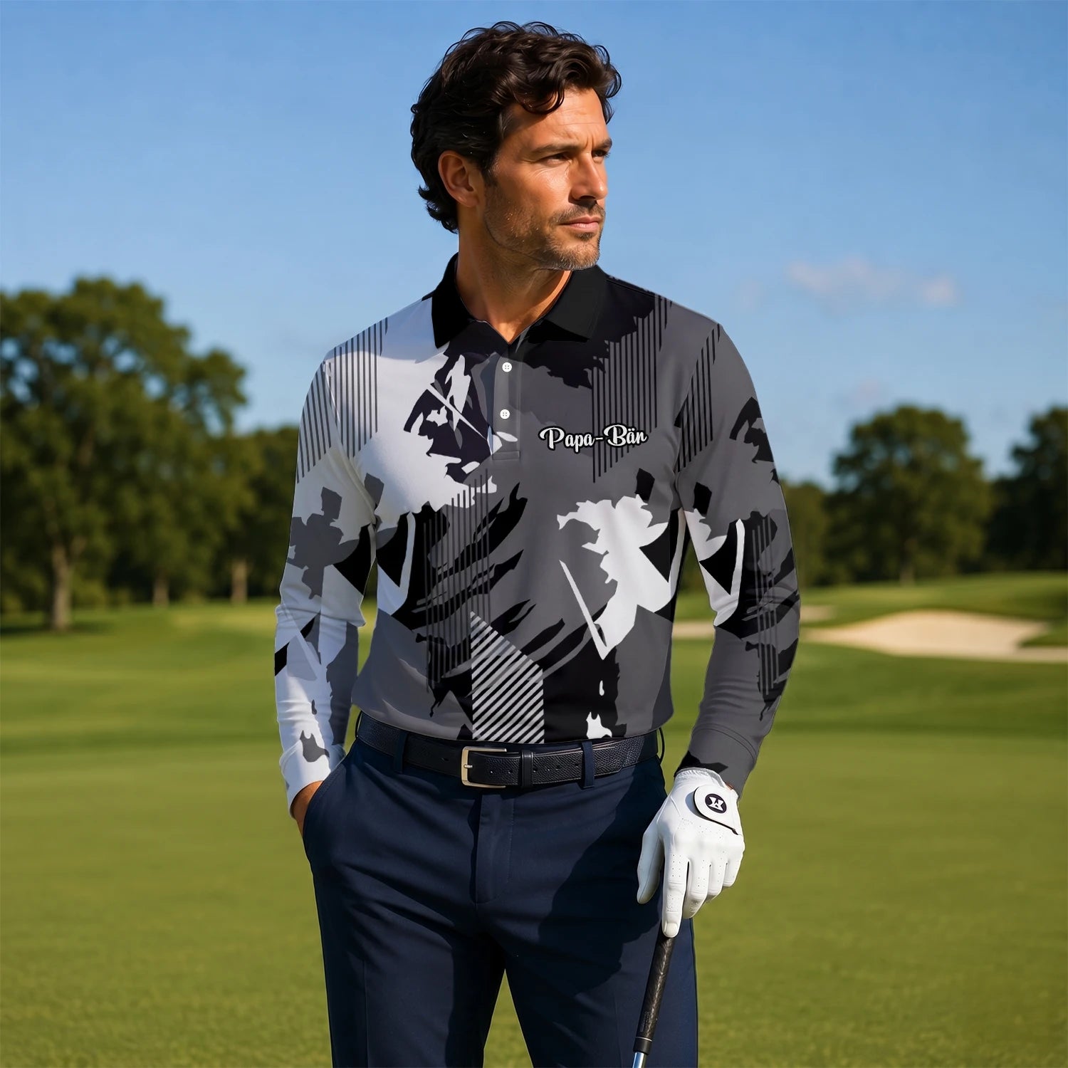 Personalised Grey Black Abstract Brush Stripe Golf Polo Shirt For Men I7293