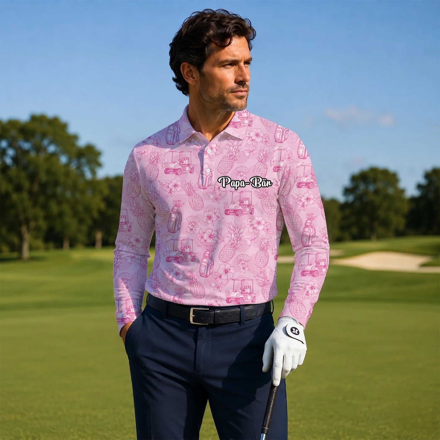 Personalised Pink Golf Cart Floral Toile Golf Polo Shirt For Men T8127