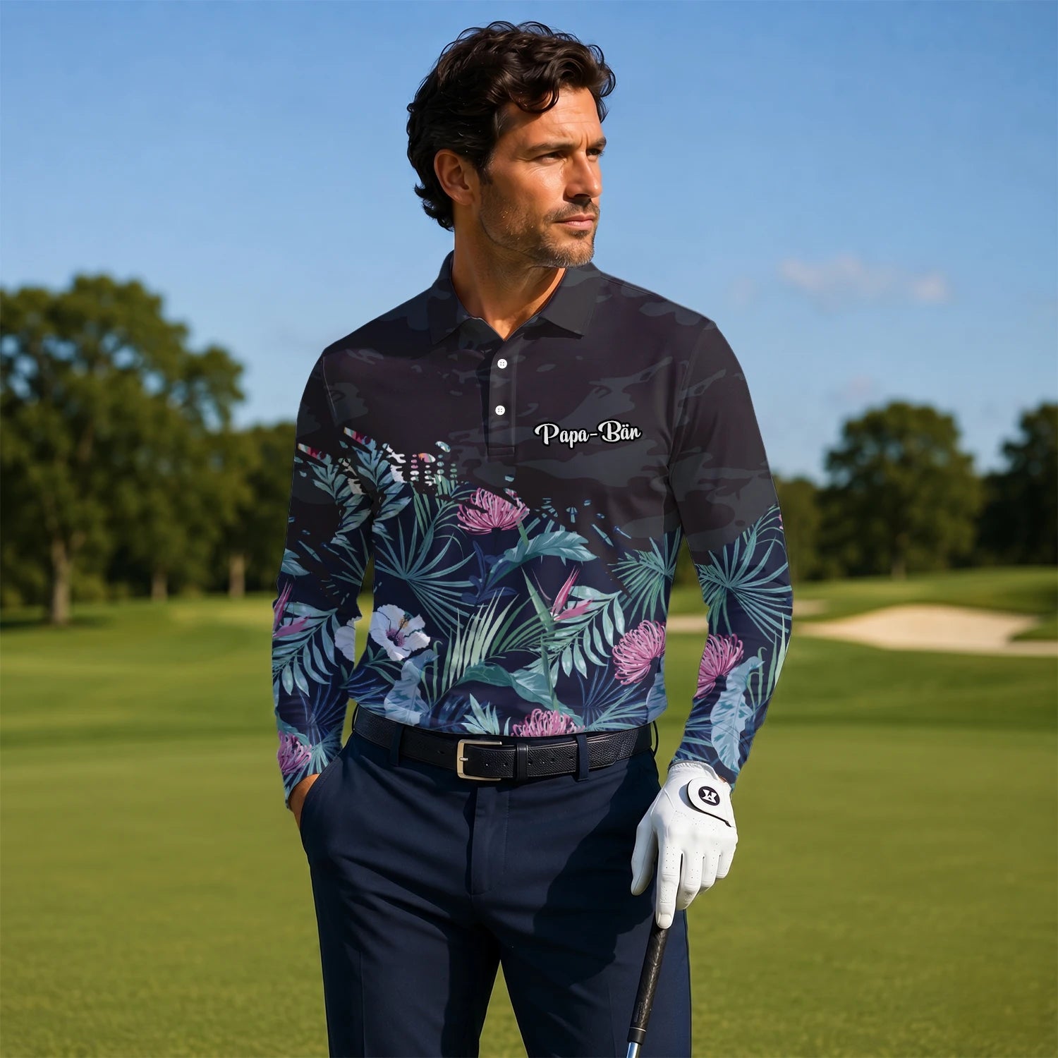 Personalised Navy Tropical Floral Leaf Golf Polo Shirt For Men N4110