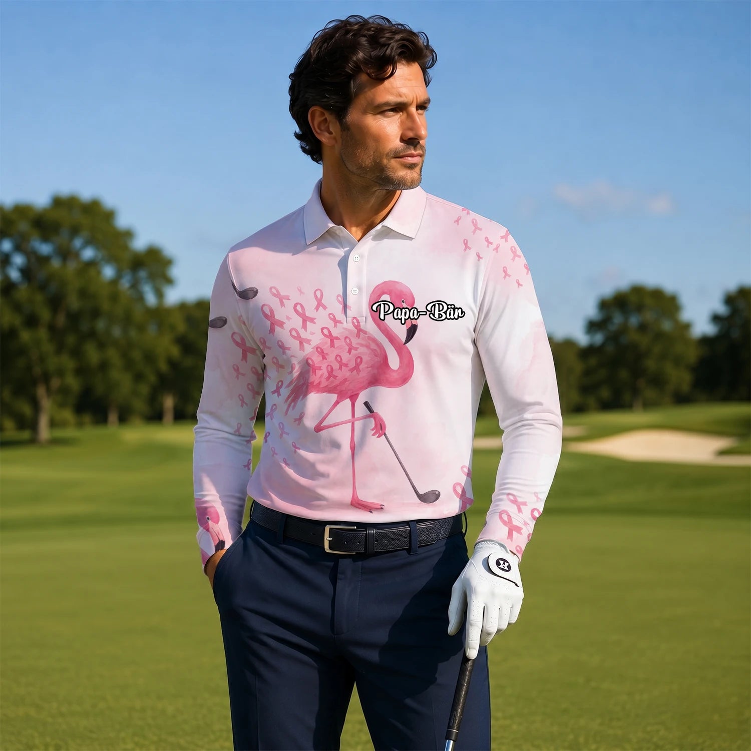 Personalised Pink Flamingo Golfer Breast Cancer Ribbon Golf Polo Shirt For Men R9354