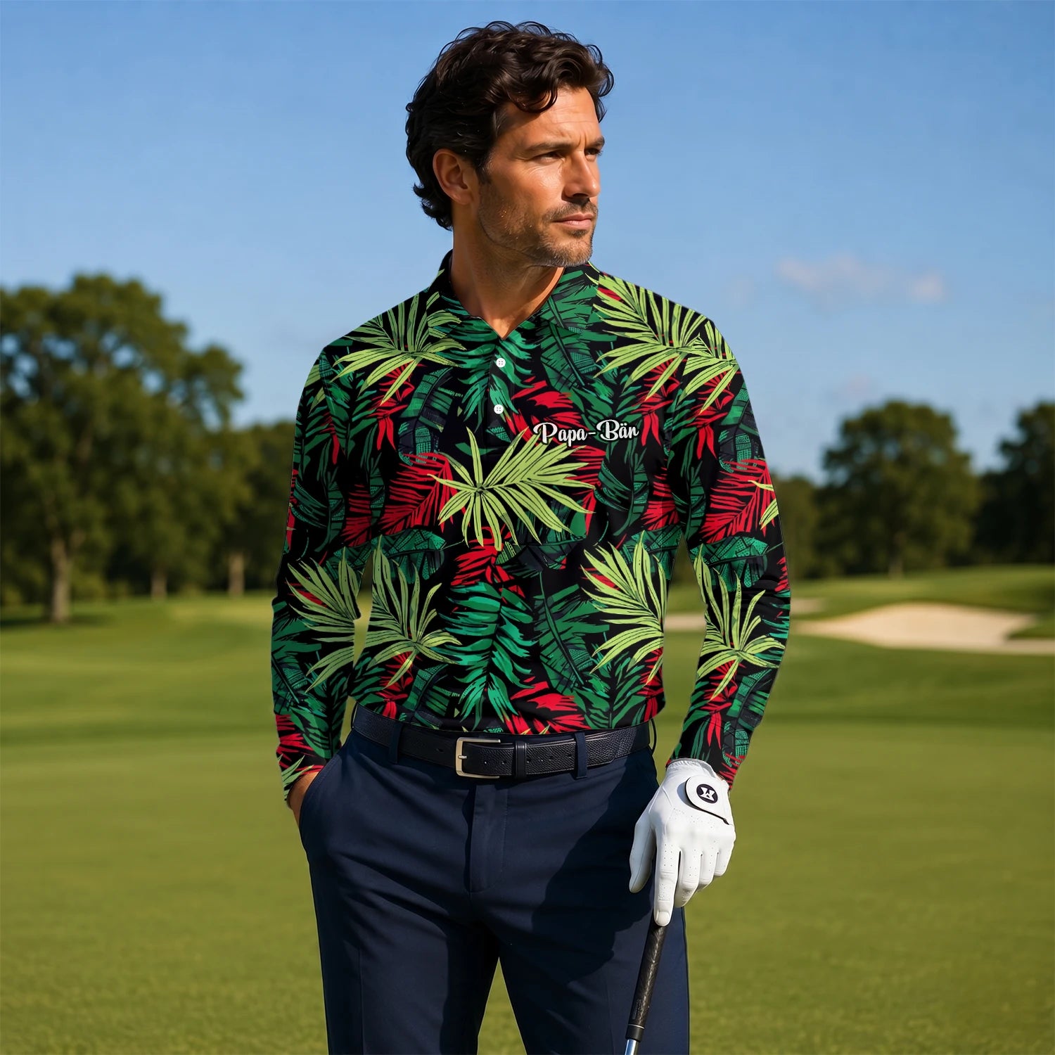 Personalised Black Green Red Tropical Leaf Golf Polo Shirt For Men U5191
