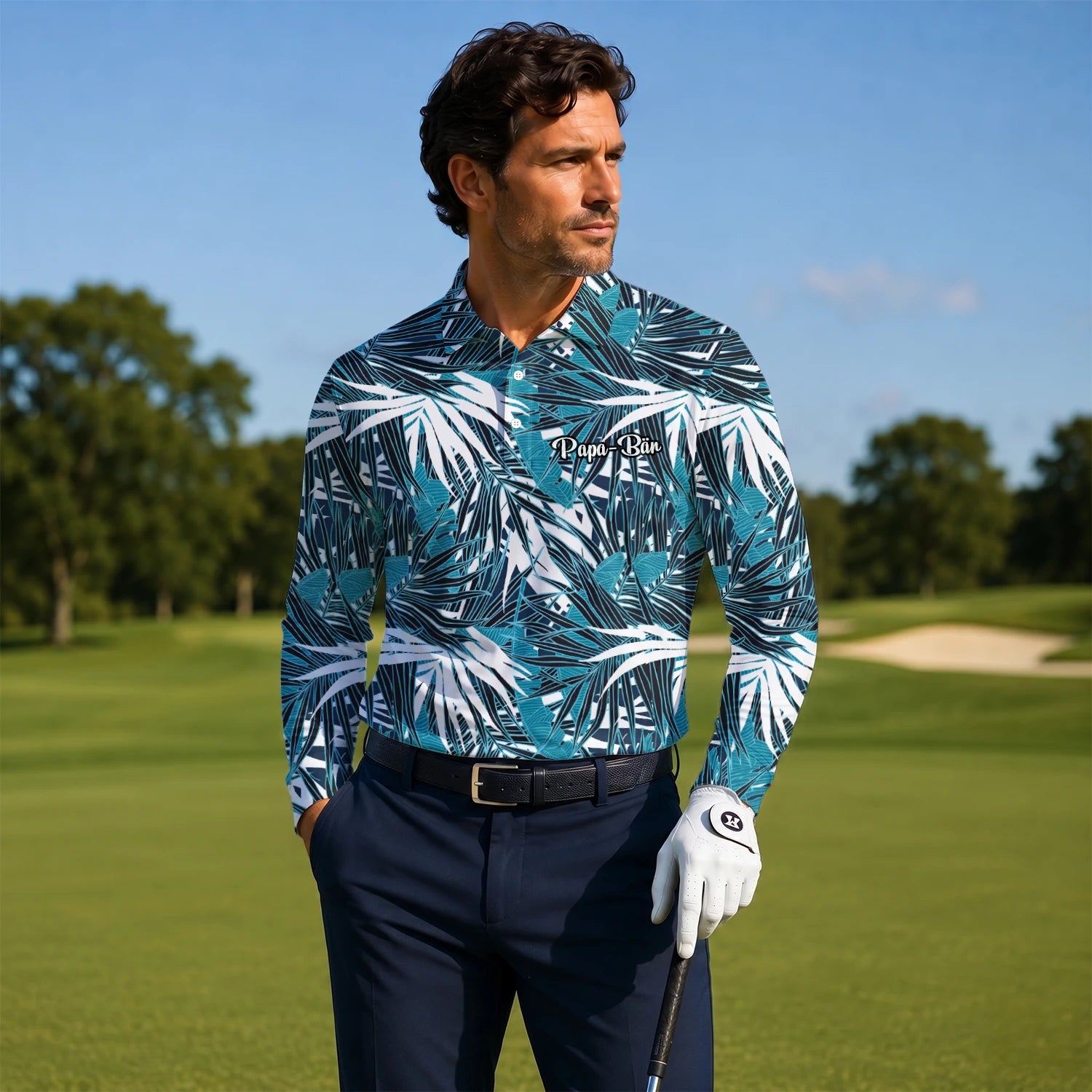 Personalised Teal Black White Palm Leaf Golf Polo Shirt For Men S8543