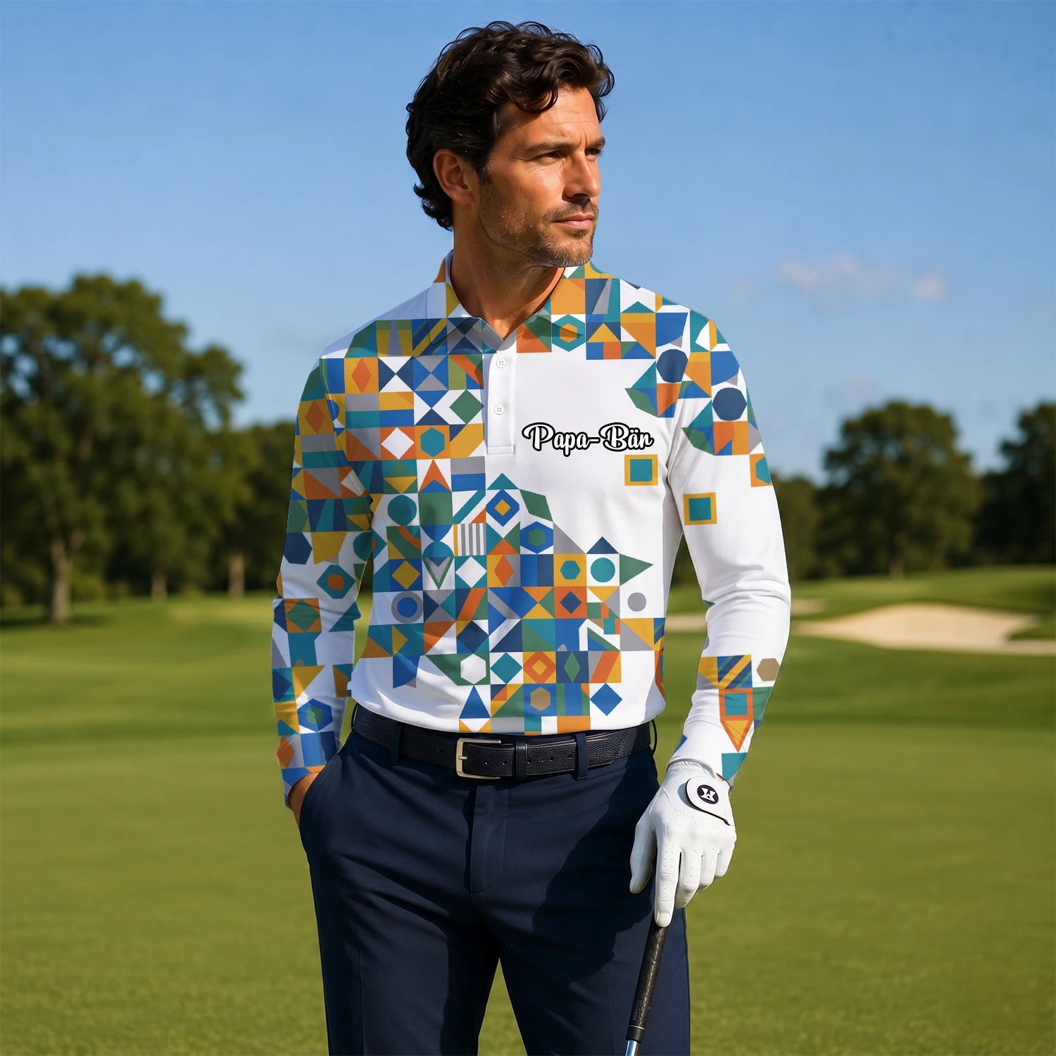 Personalised White Teal Orange Geometric Patchwork Golf Polo Shirt For Men K5362