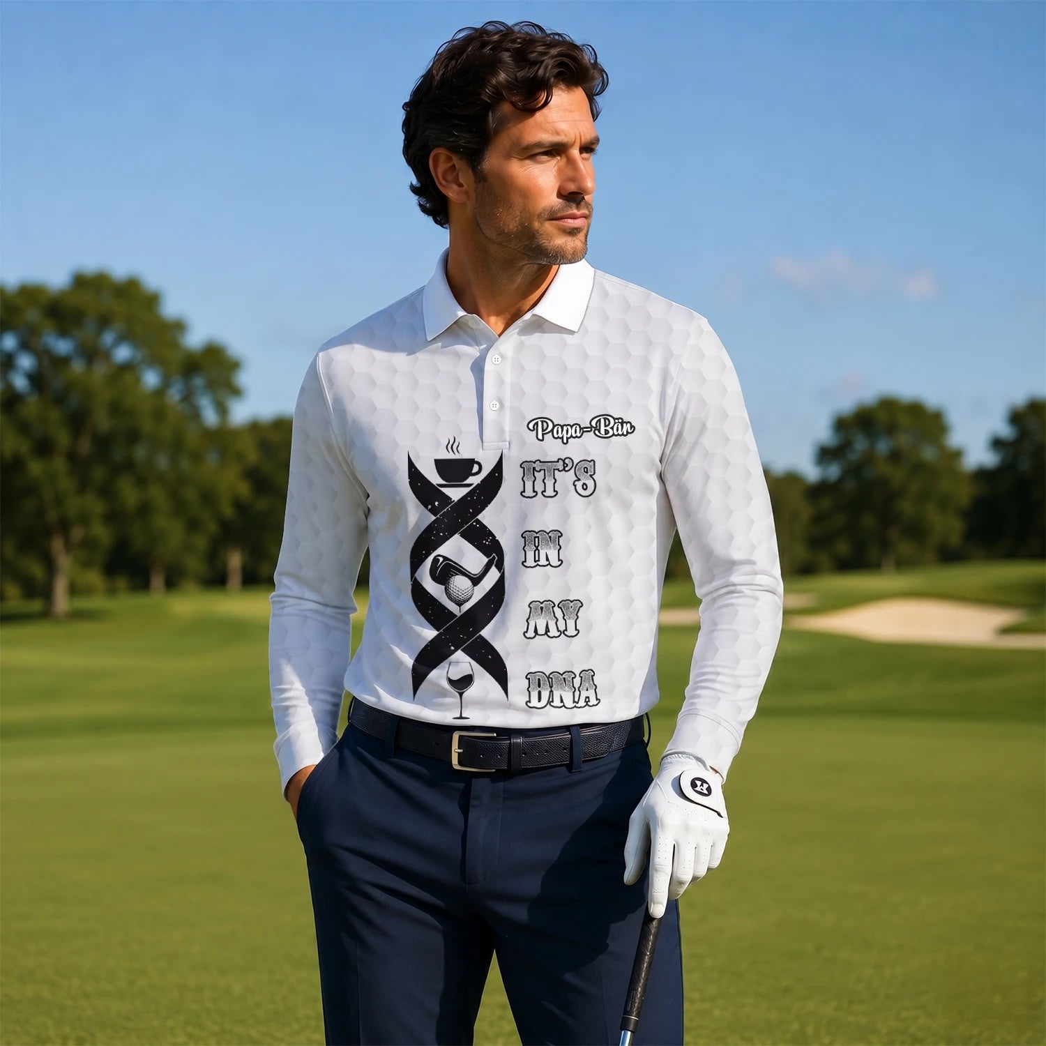 Personalised White Golf In My DNA Slogan Golf Polo Shirt For Men W3018