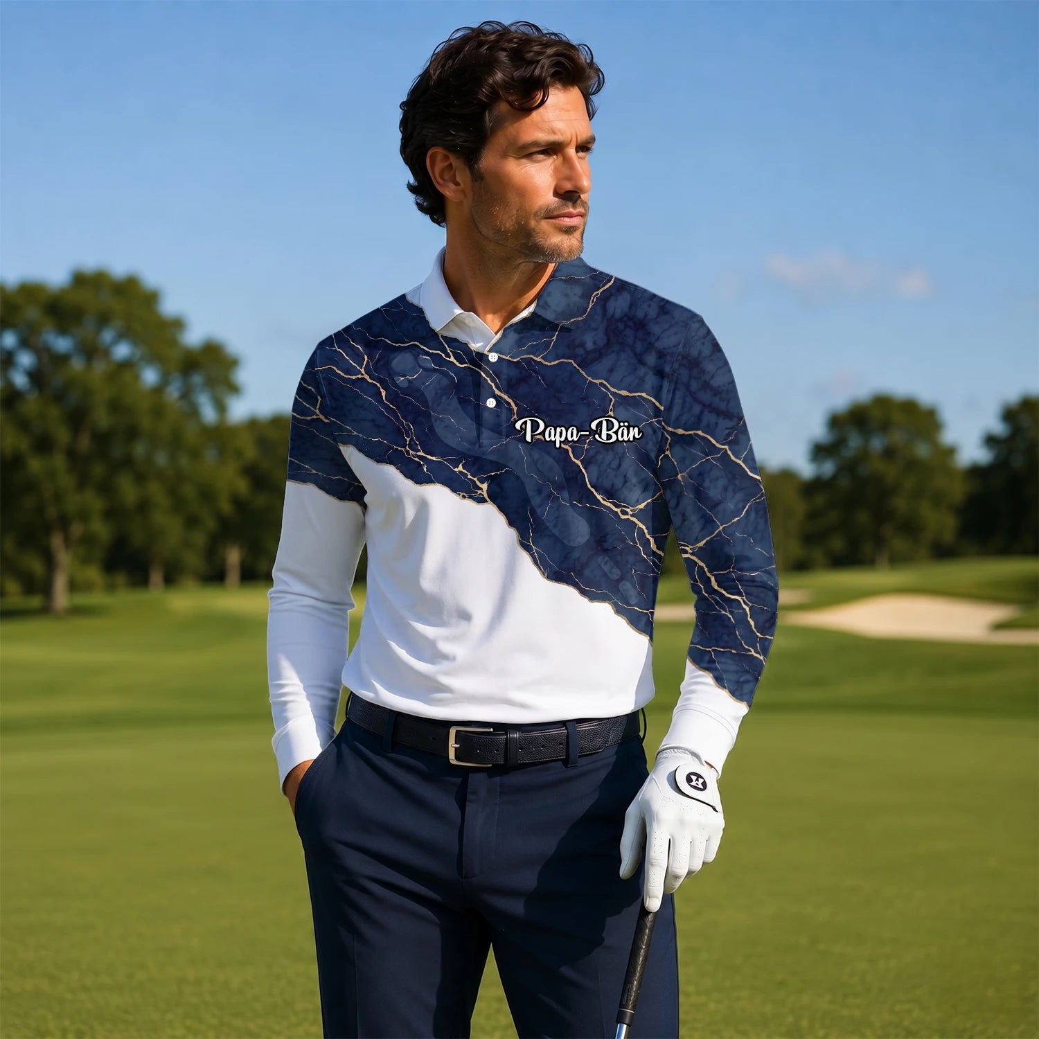 Personalised White Navy Marble Gold Vein Golf Polo Shirt For Men B4939