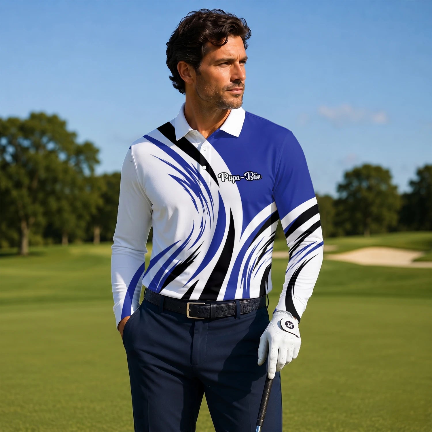 Personalised White Blue Black Abstract Wave Golf Polo Shirt For Men V7849