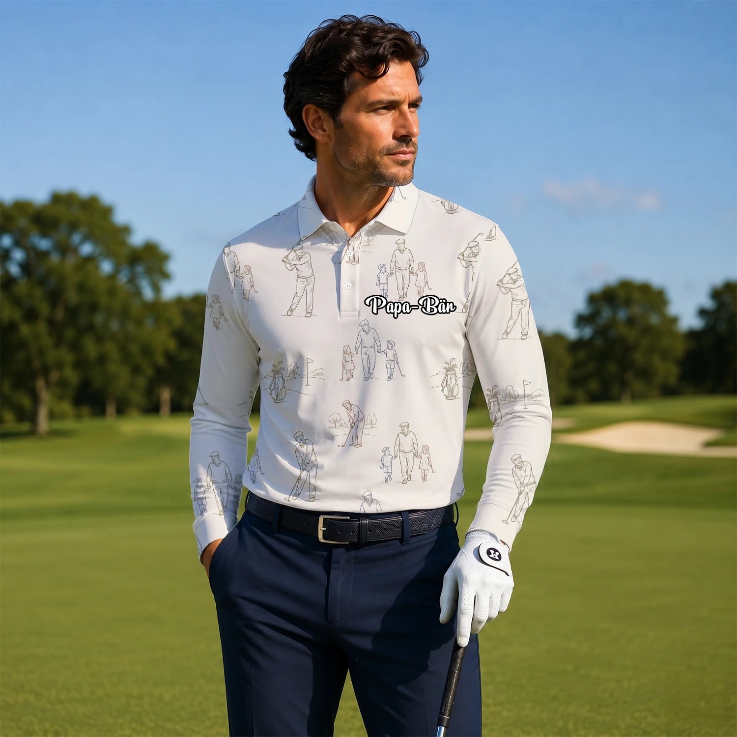 Personalised Beige Vintage Golfer Sketch Golf Polo Shirt For Men D6556