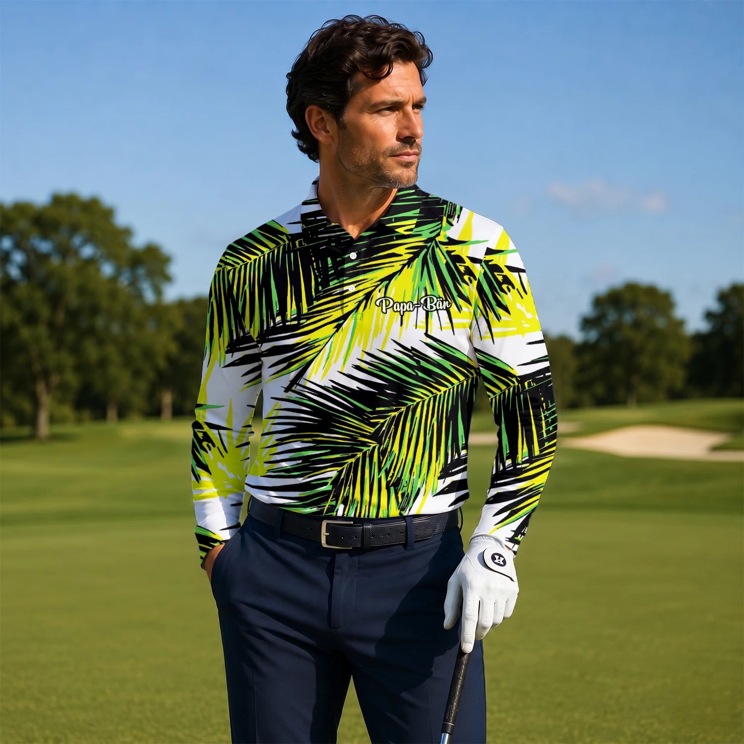 Personalised Black Lime Tropical Palm Leaf Golf Polo Shirt For Men R3070