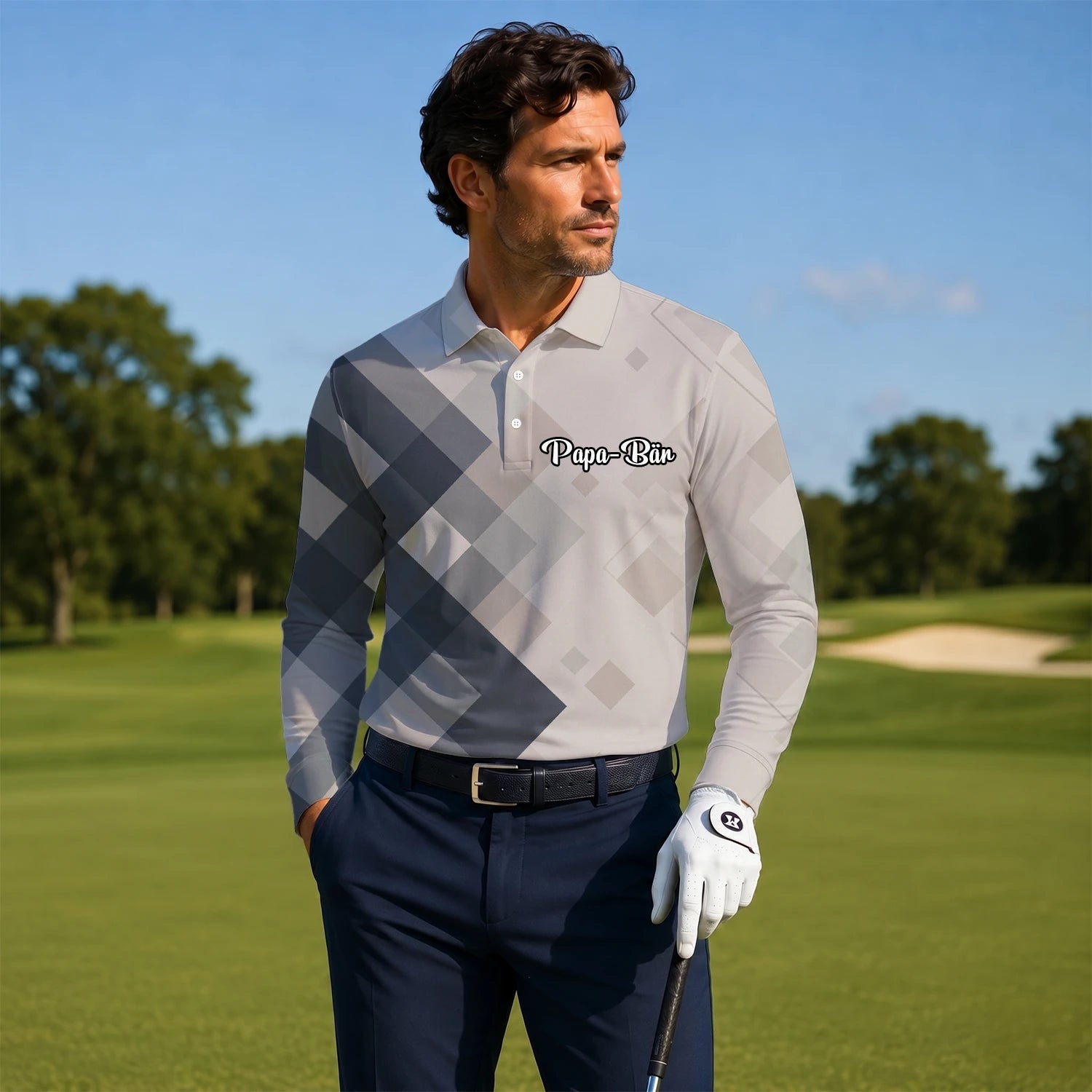 Personalised Beige Grey Argyle Golf Polo Shirt For Men Z6499