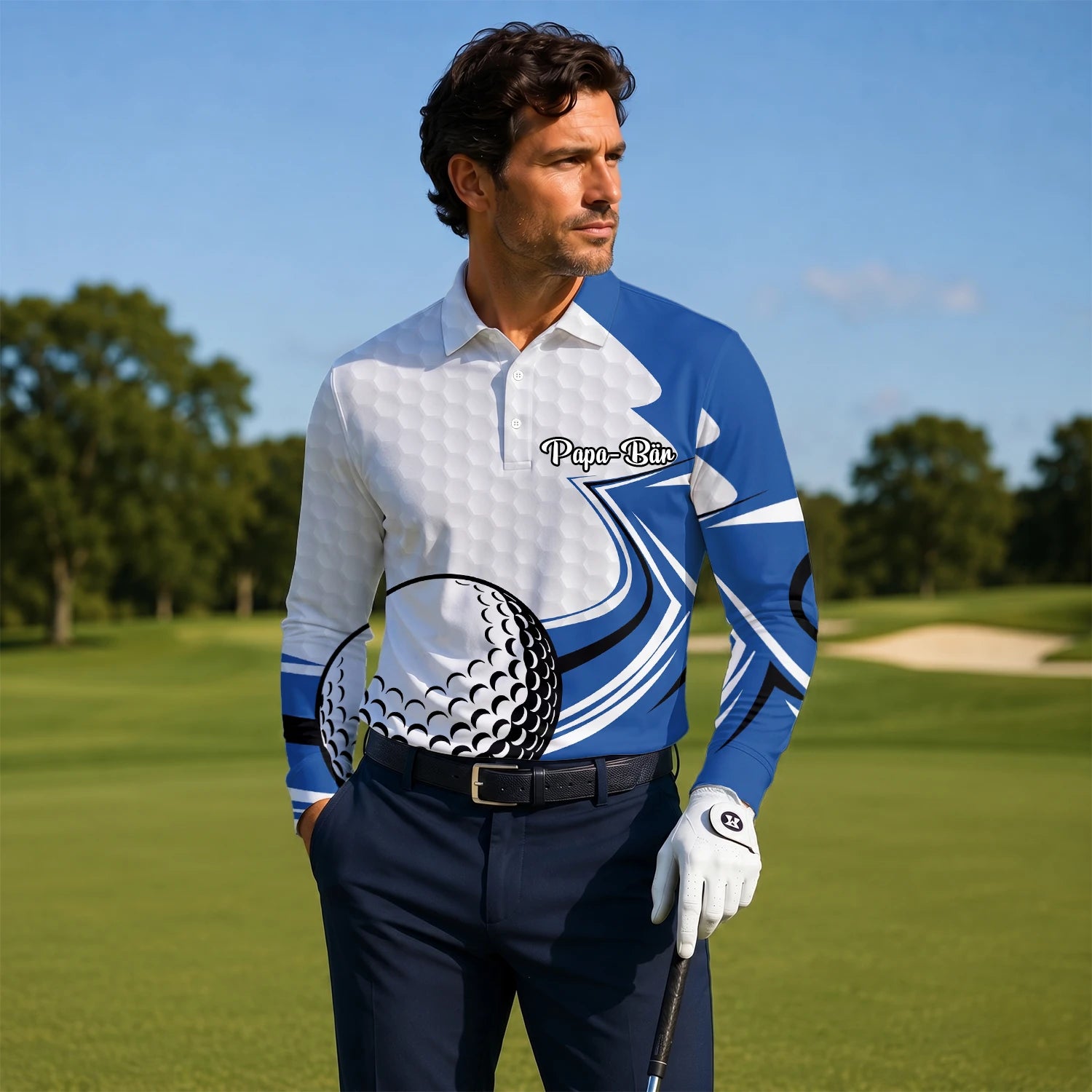 Personalised White Blue Golf Ball Hexagon Golf Polo Shirt For Men S7973