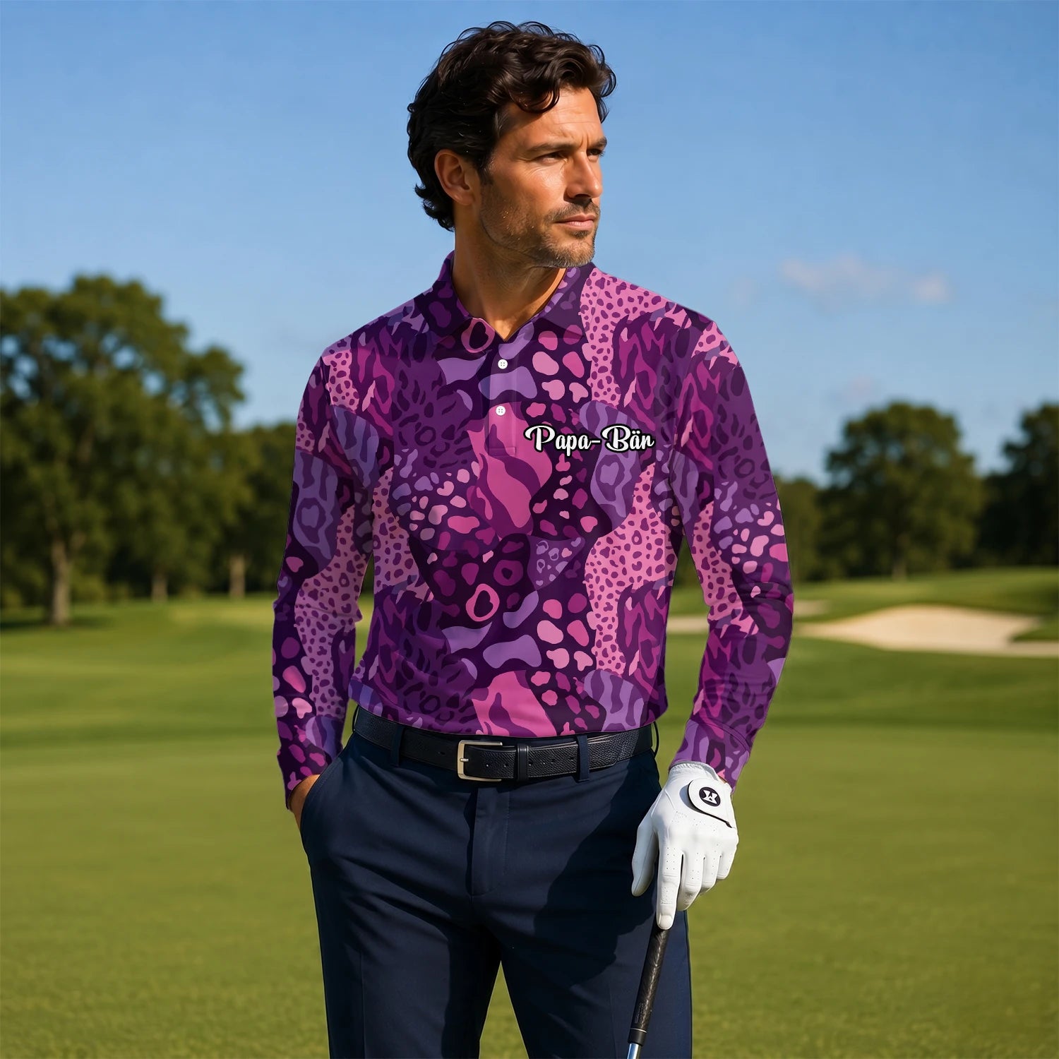 Personalised Purple Pink Leopard Camo Golf Polo Shirt For Men I6540