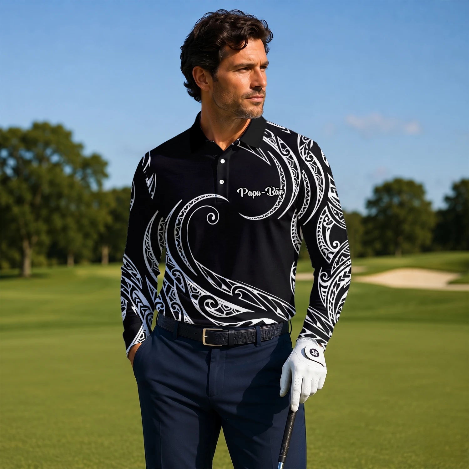 Personalised Black White Tribal Wave Golf Polo Shirt For Men R9560