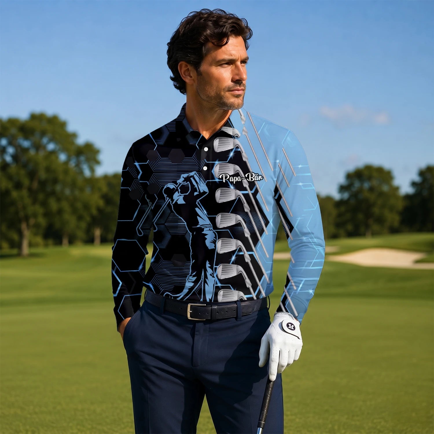 Personalised Black Blue Golfer Golf Club Graphic Golf Polo Shirt For Men J5818