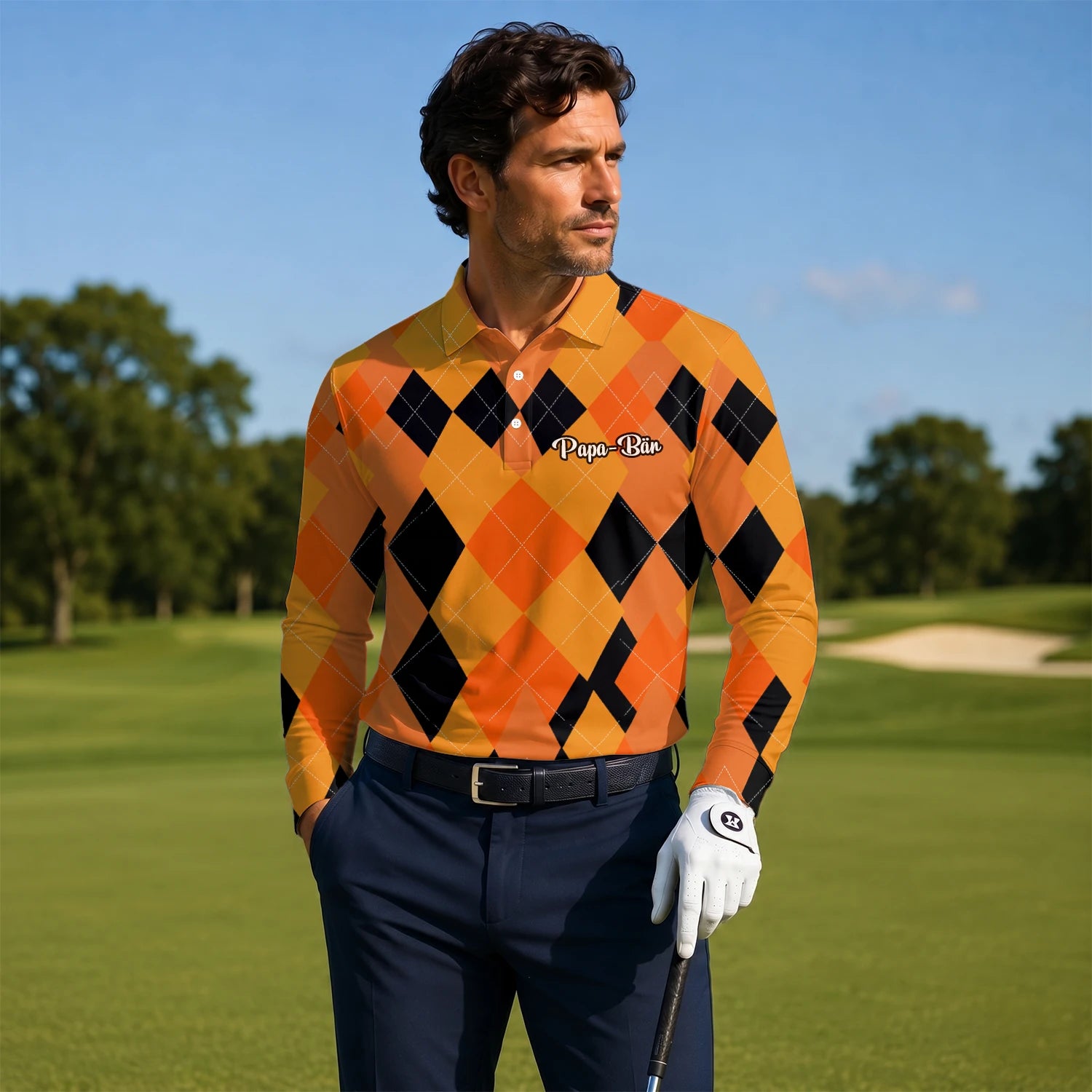 Personalised Orange Black Argyle Diamond Golf Polo Shirt For Men C4203
