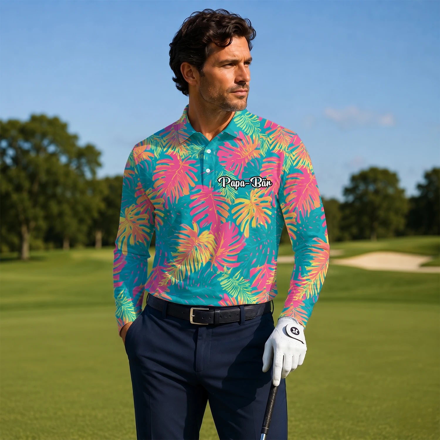 Personalised Teal Coral Tropical Leaf Golf Polo Shirt For Men H8937