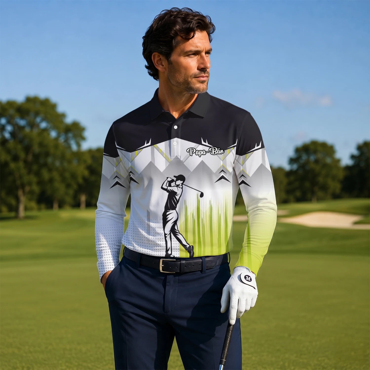 Personalised Black Grey Lime Golfer Silhouette Golf Polo Shirt For Men F4552