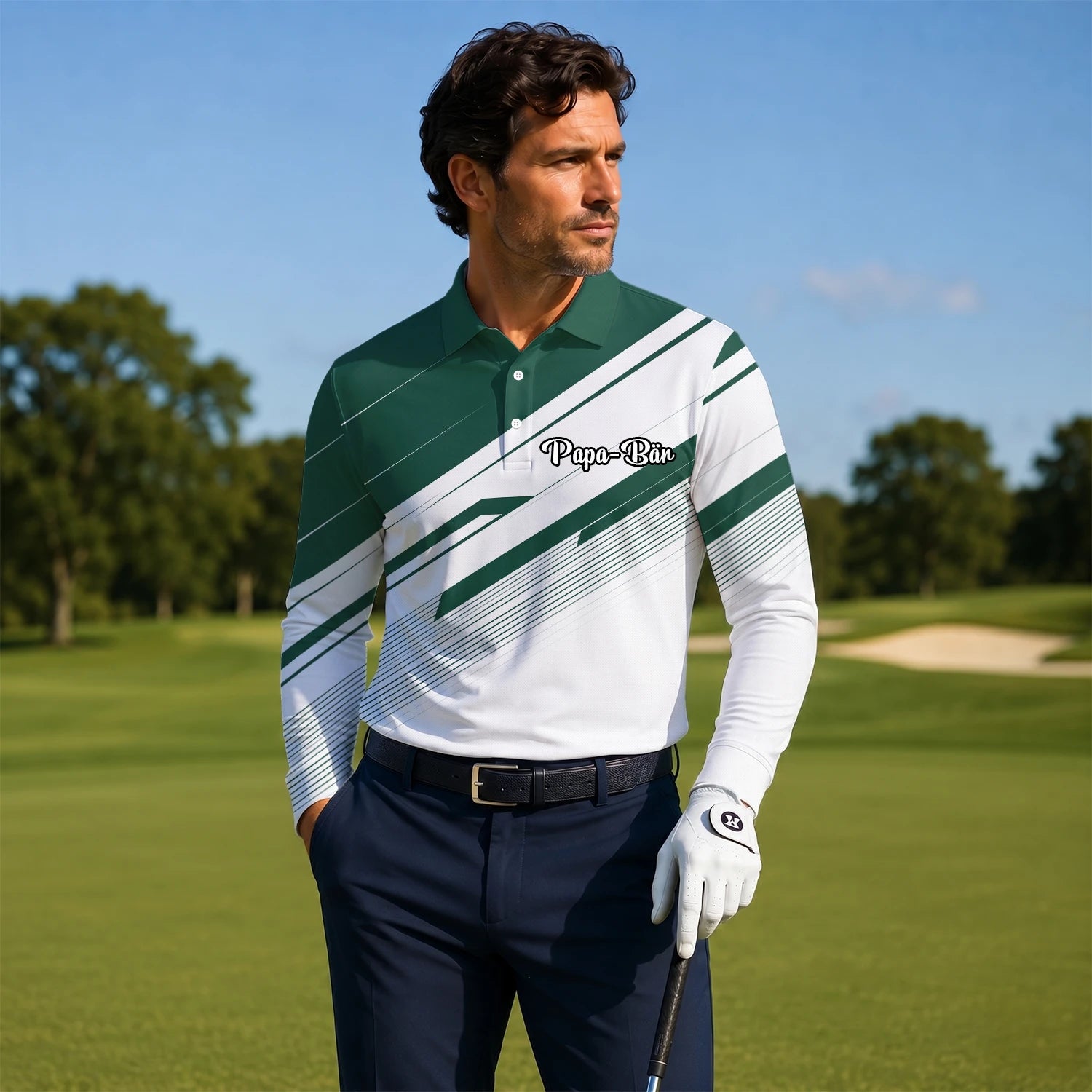 Personalised Green White Abstract Stripe Golf Polo Shirt For Men E5041