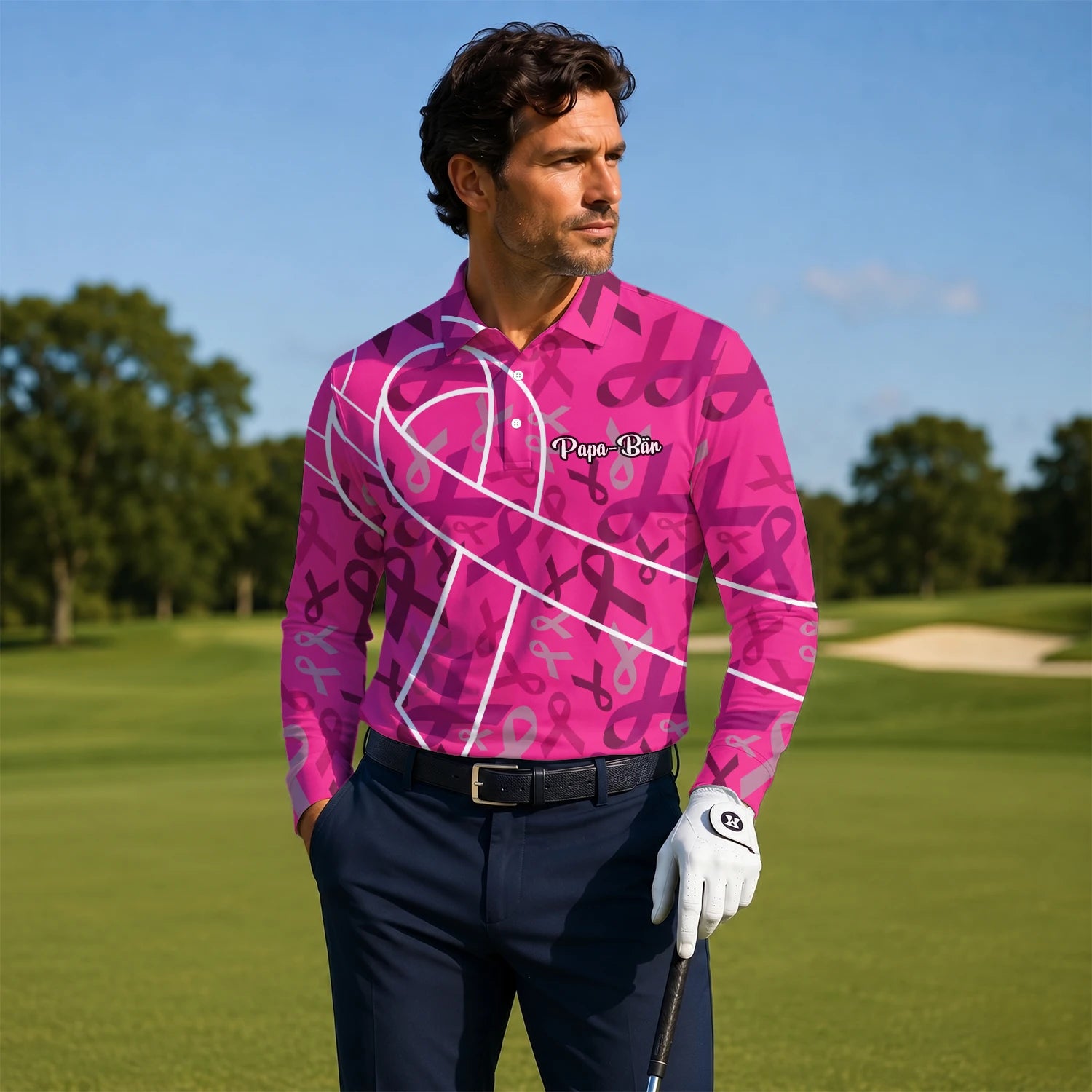 Personalised Pink Breast Cancer Awareness Ribbon Golf Polo Shirt For Men O4093