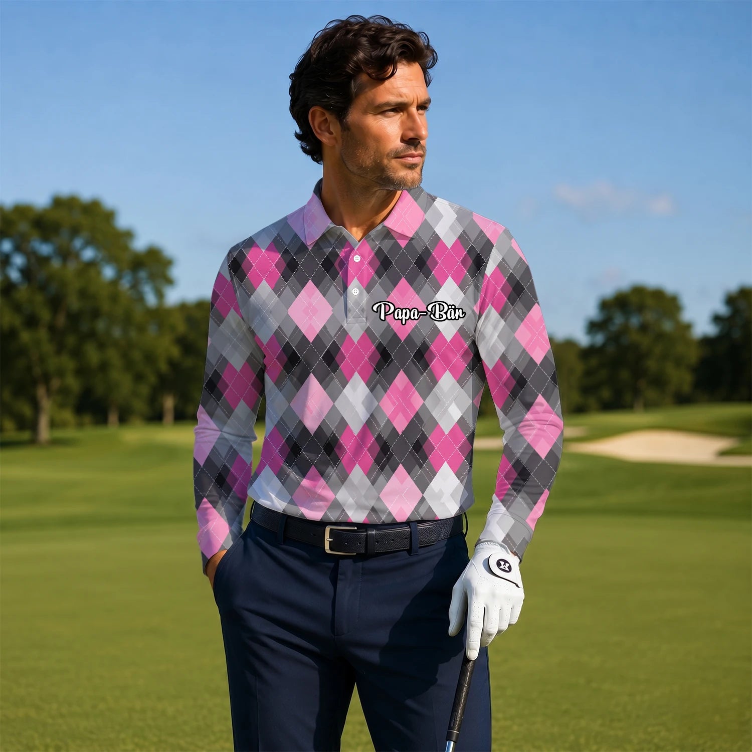 Personalised Pink Grey Argyle Golf Polo Shirt For Men Z9376
