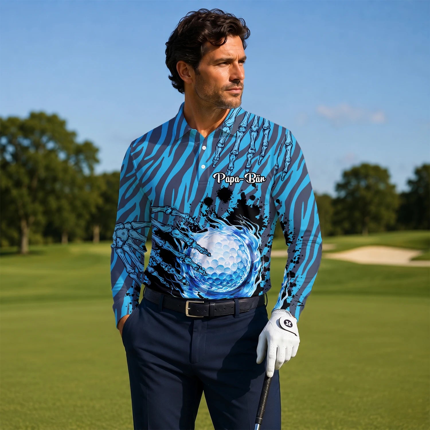 Personalised Blue Black Golf Ball Water Splash Golf Polo Shirt For Men B9791