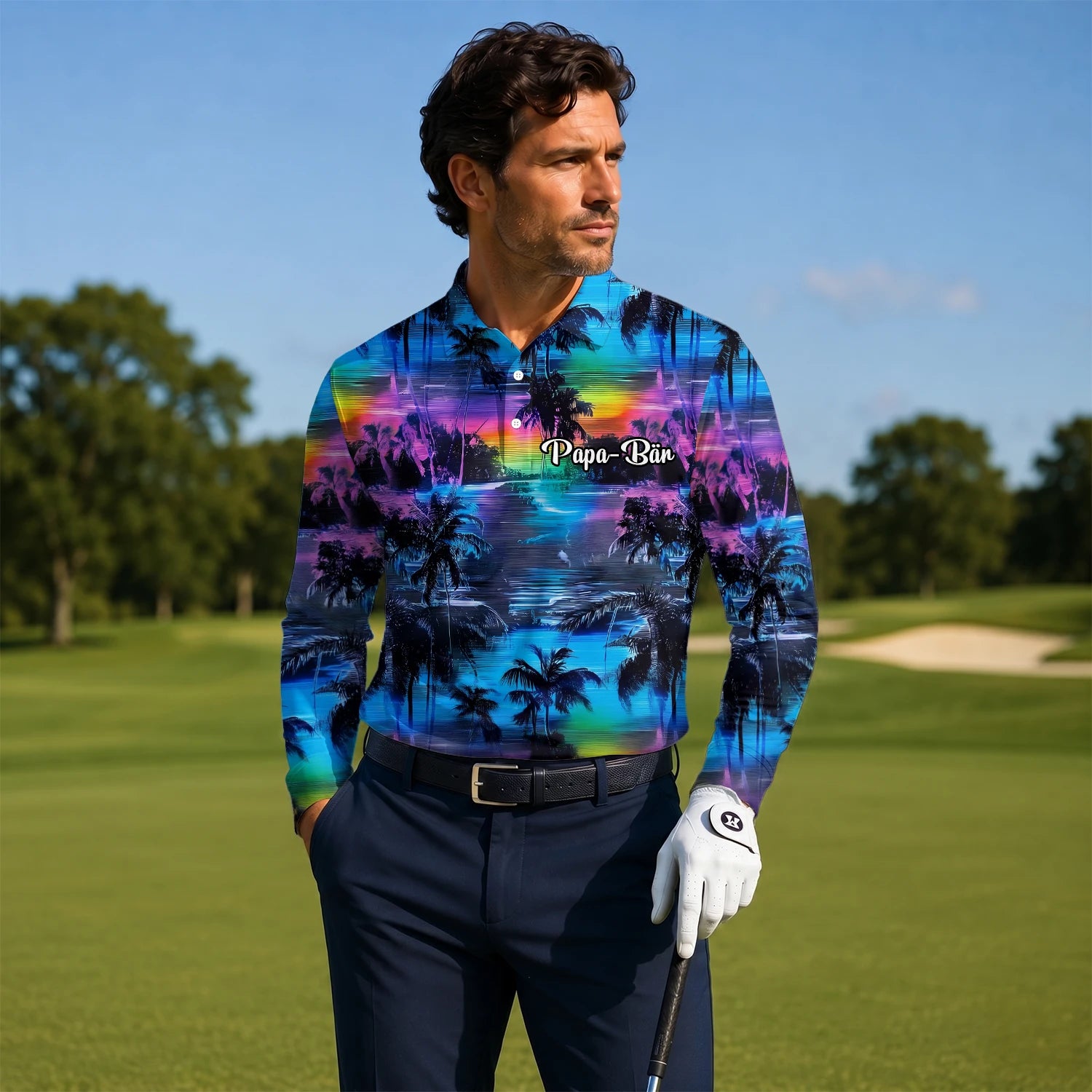 Personalised Blue Purple Palm Sunset Golf Polo Shirt For Men K8435